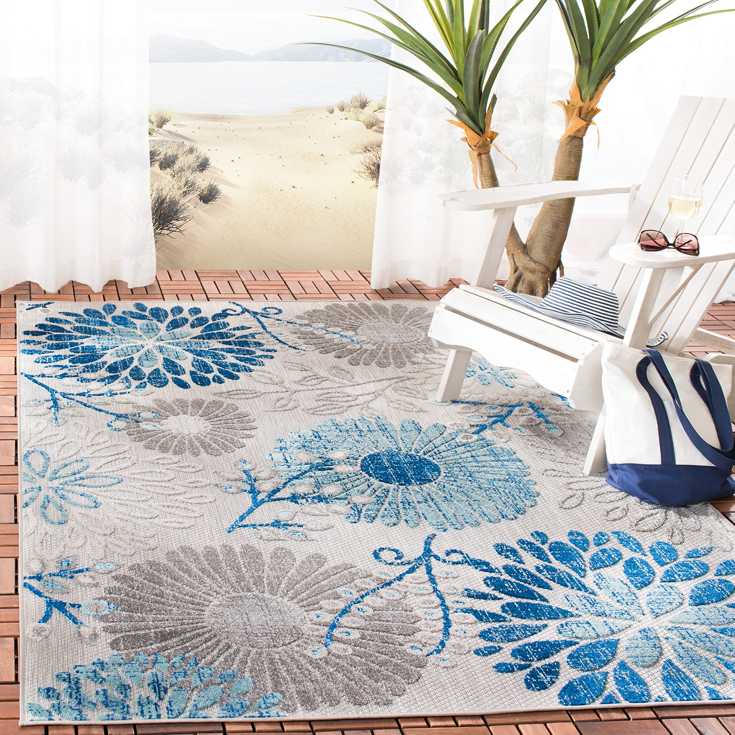 Safavieh Cabana Collection 4' Square Grey/Navy Cbn832F Floral Indoor/ Outdoor Non-Shedding Easy Cleaning Patio Backyard Deck Por