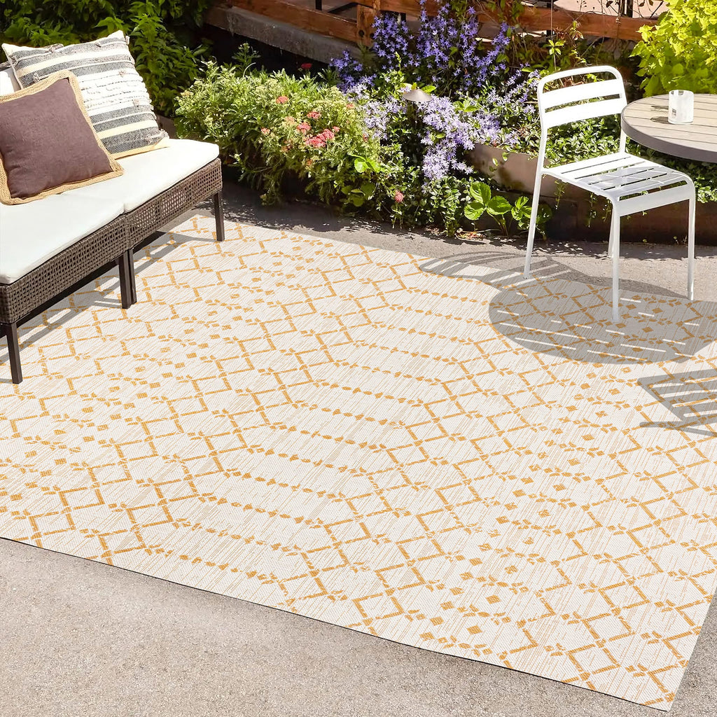 Jonathan Y Smb108J-8 Ourika Moroccan Geometric Textured Weave Indoor Outdoor Area-Rug, Coastal,Traditional,Transitional Easy Clean,Bedroom,Kitchen,Backyard,Patio, Non-Shed, Cream/Yellow, 8 X 10