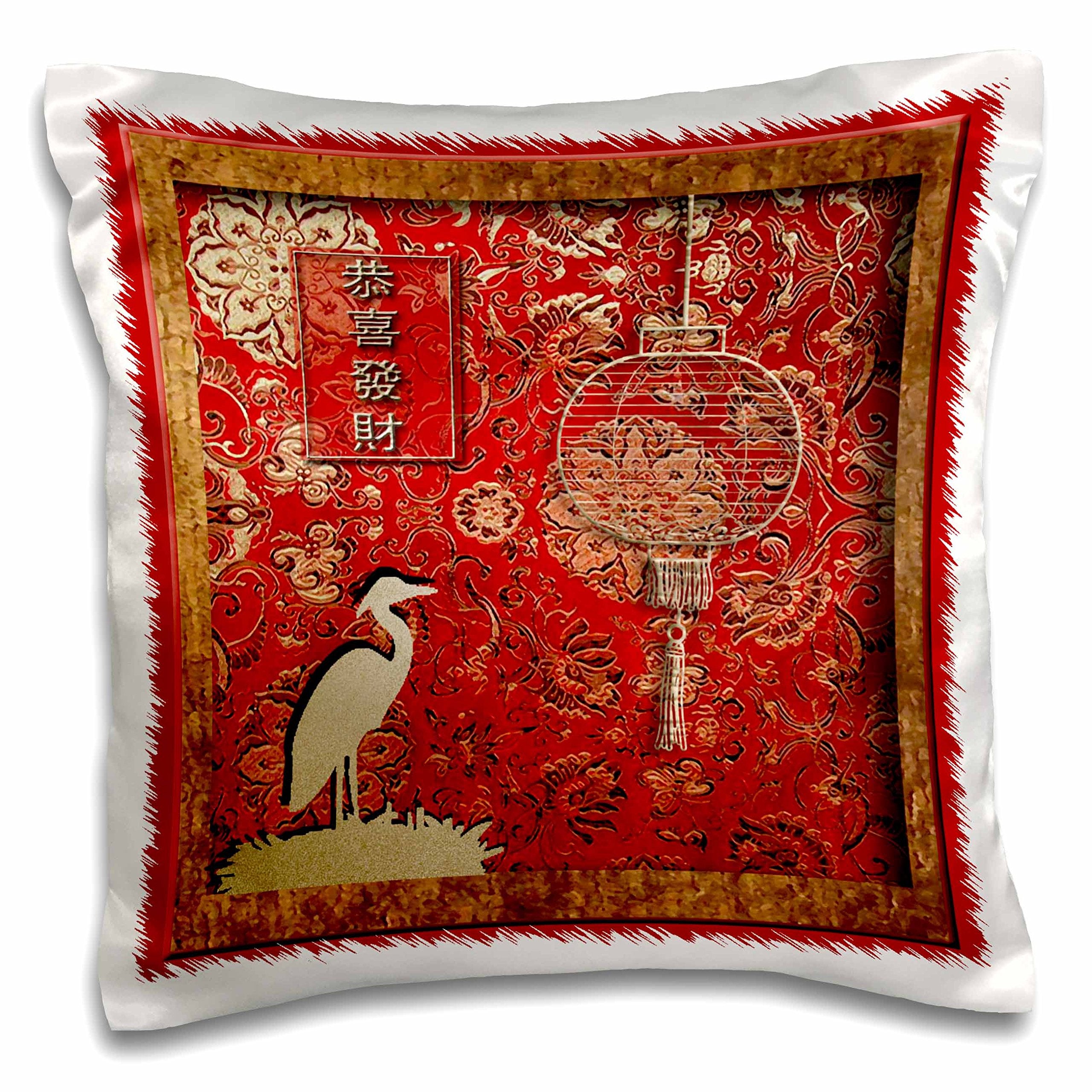 3dRose Lantern and Crane May You Have A Happy and Prosperous New Year in Chinese-Pillow Case, 16 by 16 (pc_12349_1)