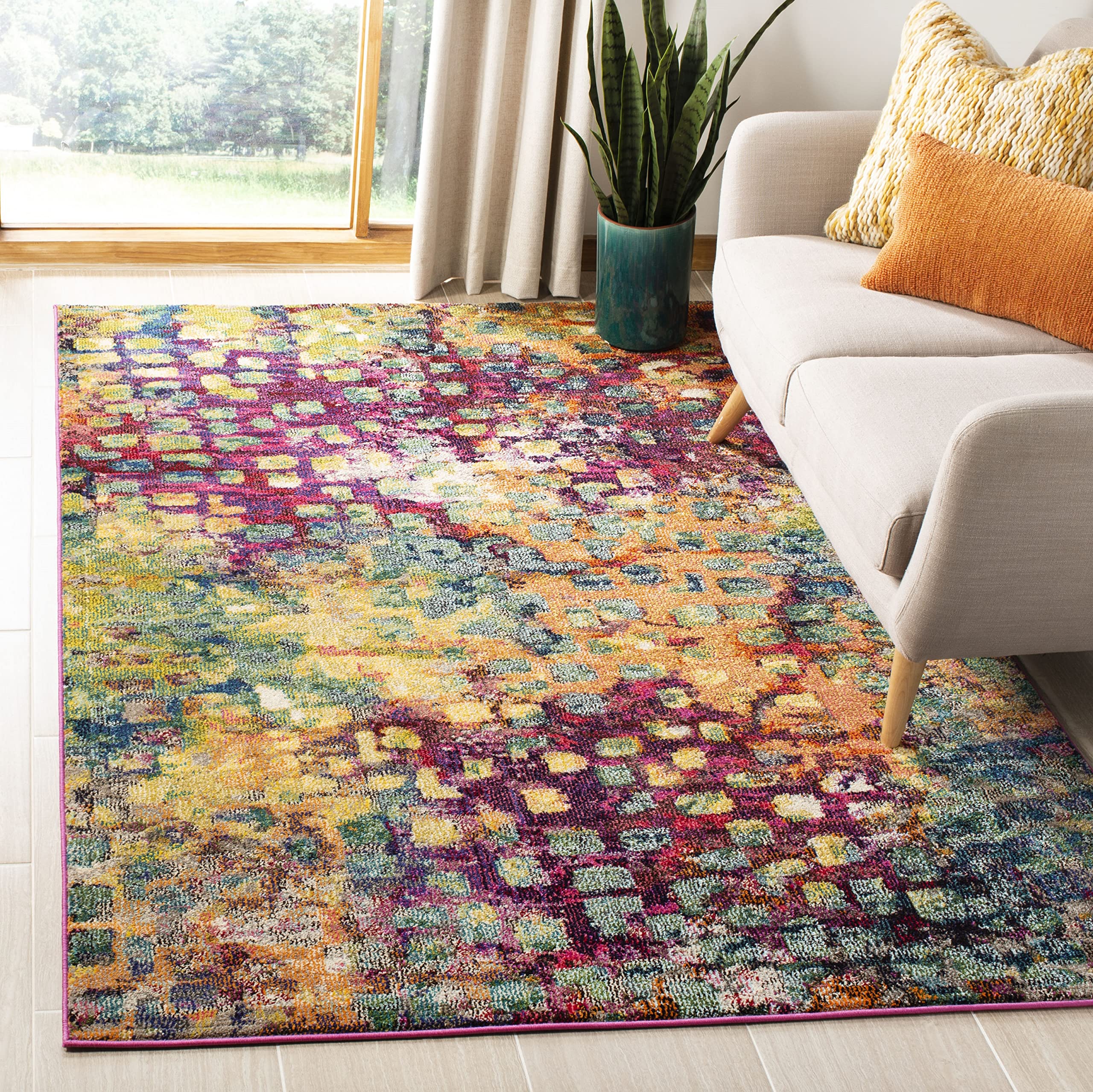 SAFAVIEH Monaco Collection Accent Rug - 3 x 5, Pink & Multi, Boho Chic Abstract Watercolor Design, Non-Shedding & Easy Care, I