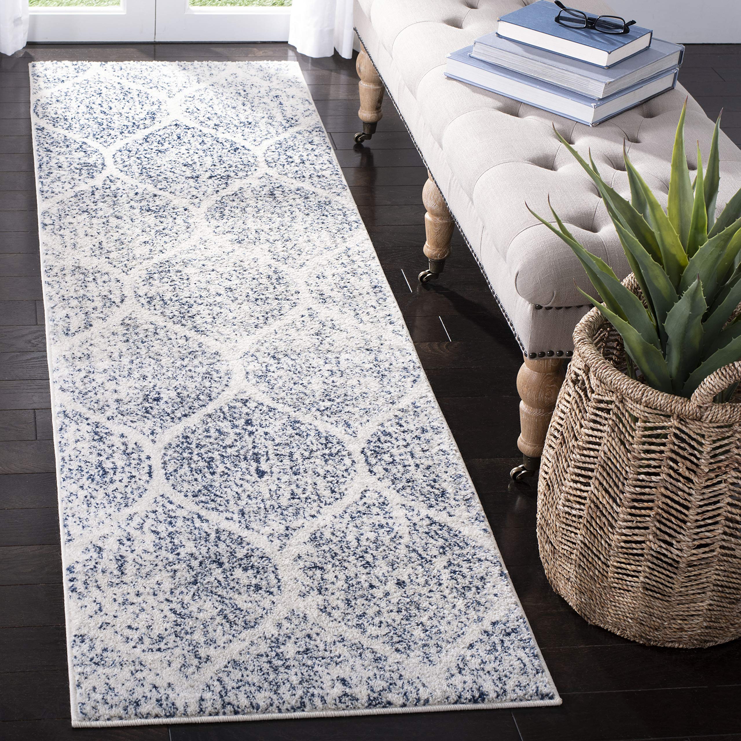 SAFAVIEH Madison Collection Runner Rug - 23 x 6, Cream & Royal Blue, Glam Ogee Trellis Distressed Design, Non-Shedding & Easy 