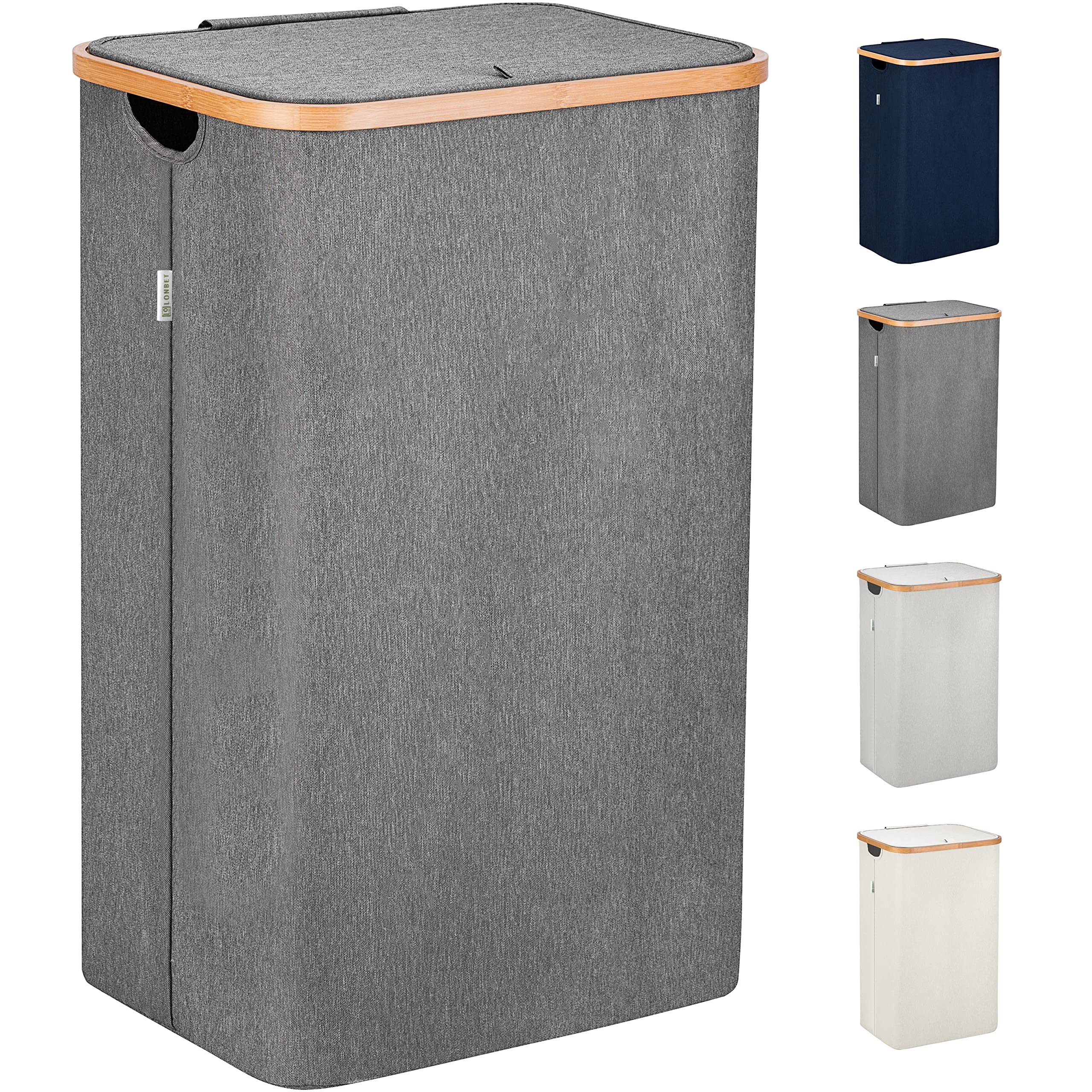 Lonbet - Laundry Hamper with Lid Cover - Sturdy Tall Bamboo Laundry Basket Clothes Organizer - Aesthetic Bedroom Fabric Bin - Bi