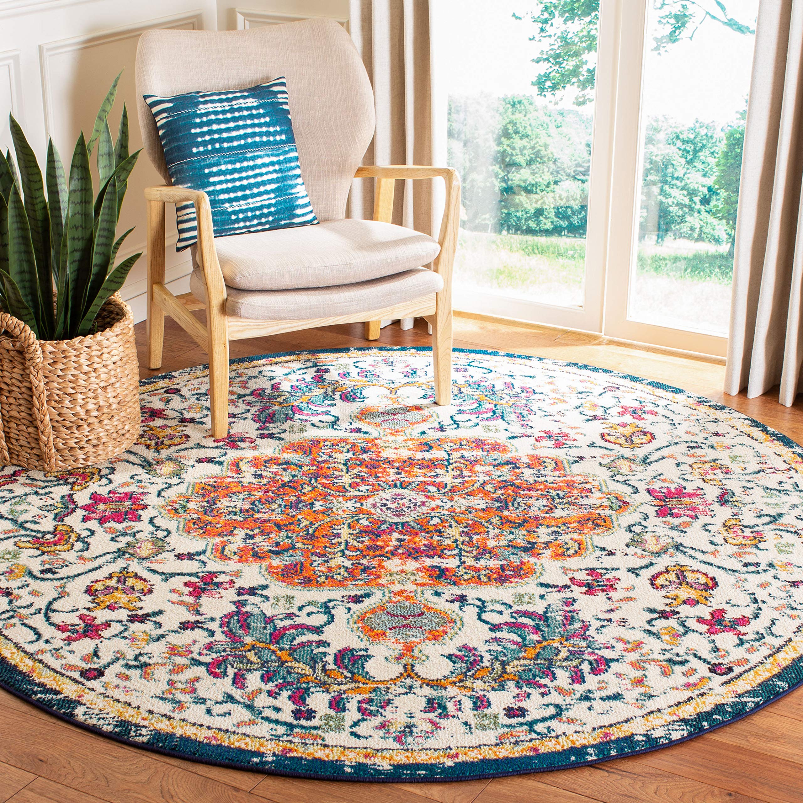 SAFAVIEH Madison Collection Area Rug - 67 Round, Ivory & Orange, Boho Chic Medallion Distressed Design, Non-Shedding & Easy Car