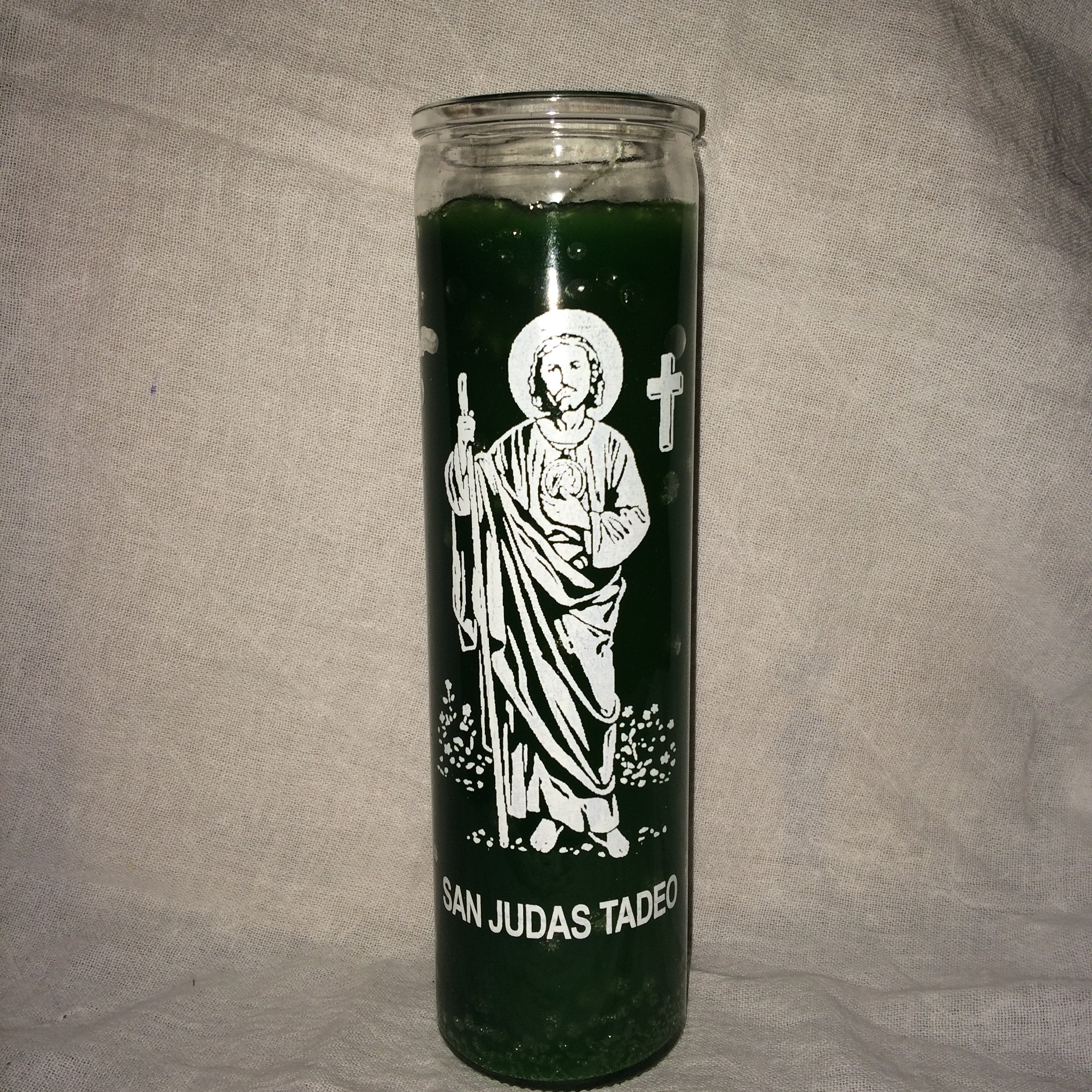 Saint Jude (San Judas Tadeo) Unscented Green Pillar Candle in Glass