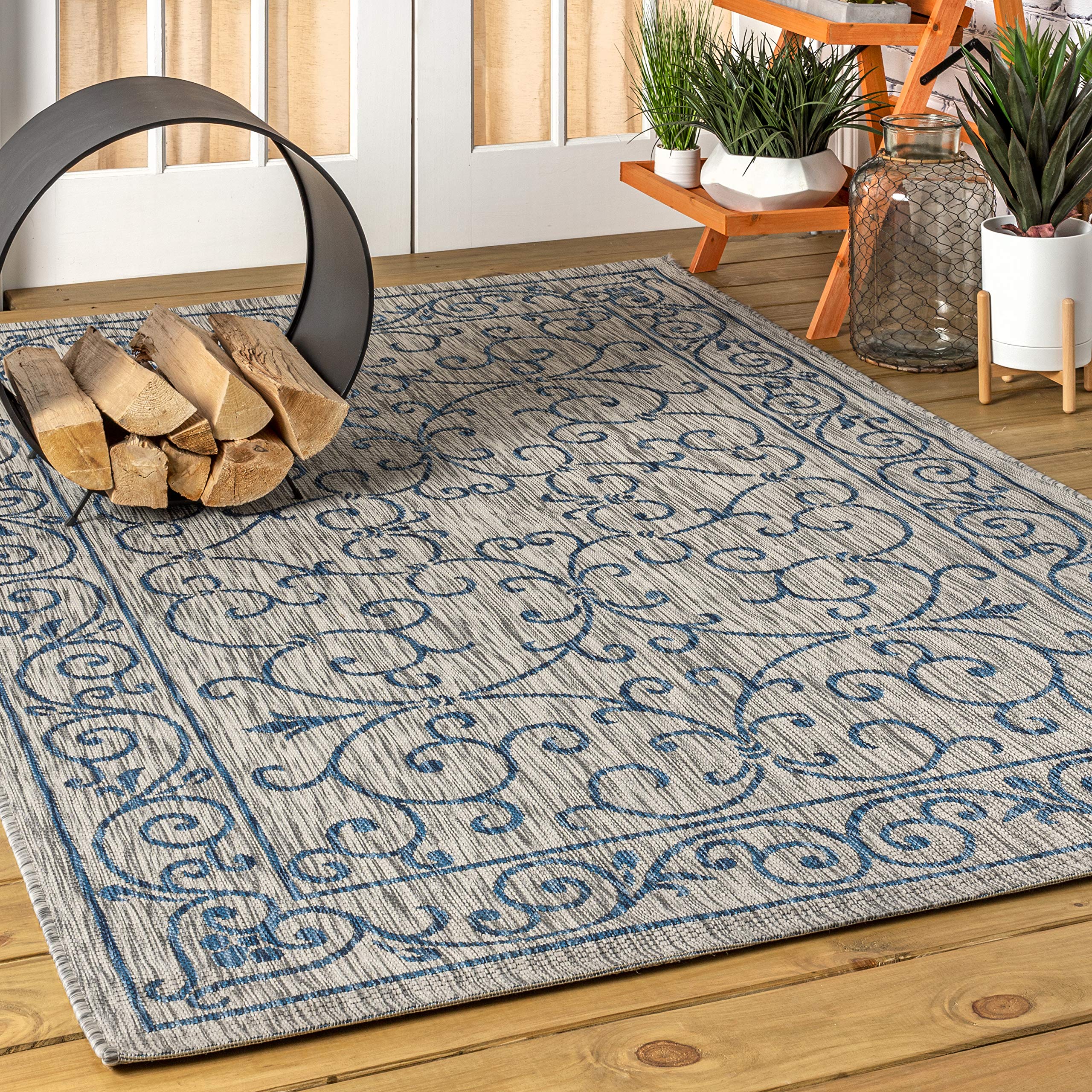 Jonathan Y Smb106C-14 Charleston Vintage Filigree Textured Weave Gray/Navy 10 Ft. X 14 Ft. Indoor/Outdoor Area Rug, Pet Friendly