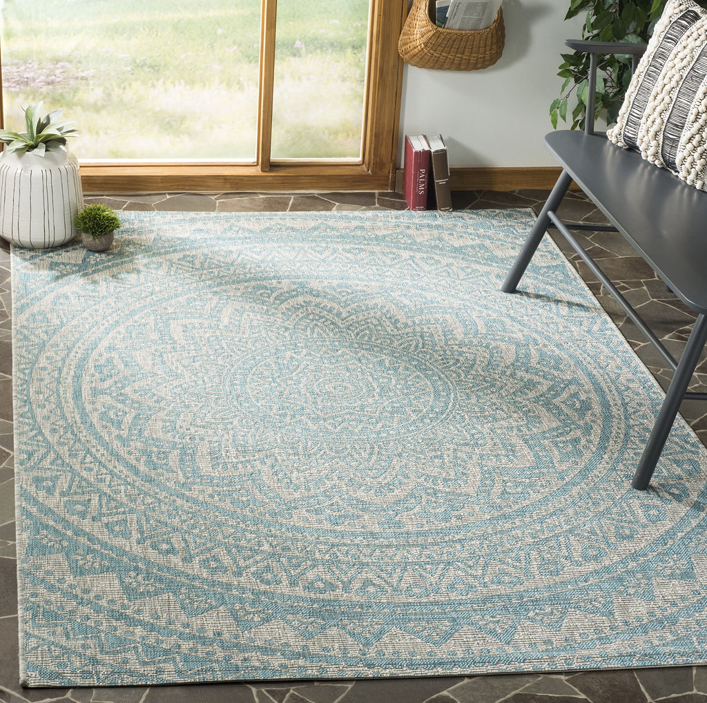 Safavieh Courtyard Collection 2'7' X 5' Grey / Aqua Cy8734 Indoor/ Outside Waterproof Easy Cleansingpatio Backyard Mudroom Area Mat