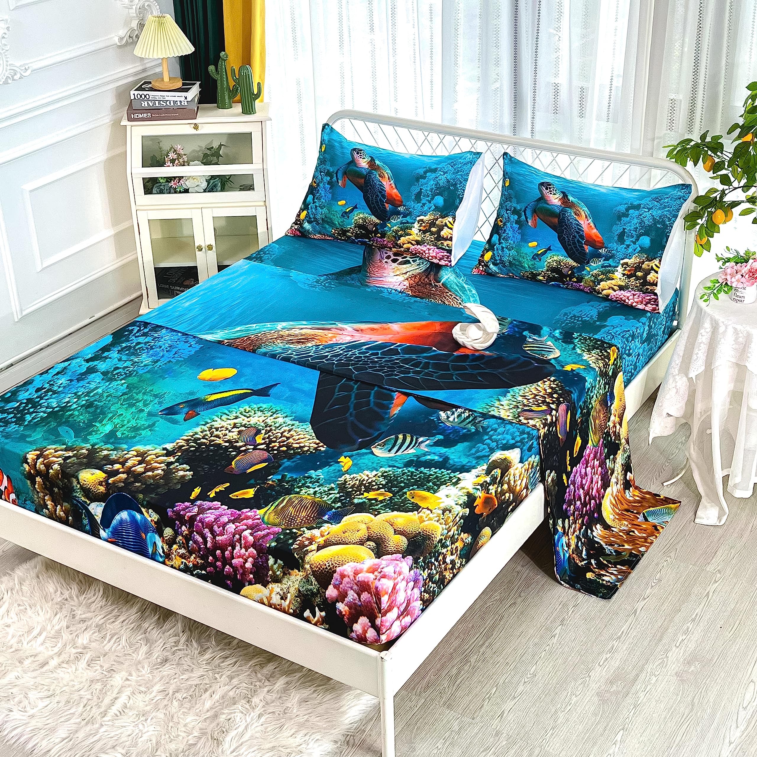 Cvhouse Sea Turtle Fitted Sheet,Ocean Bed Sheet Set Twin Size,Turtle Bedding Set For Boys Kids Girls,1 Flat Sheet & 1 Fitted She