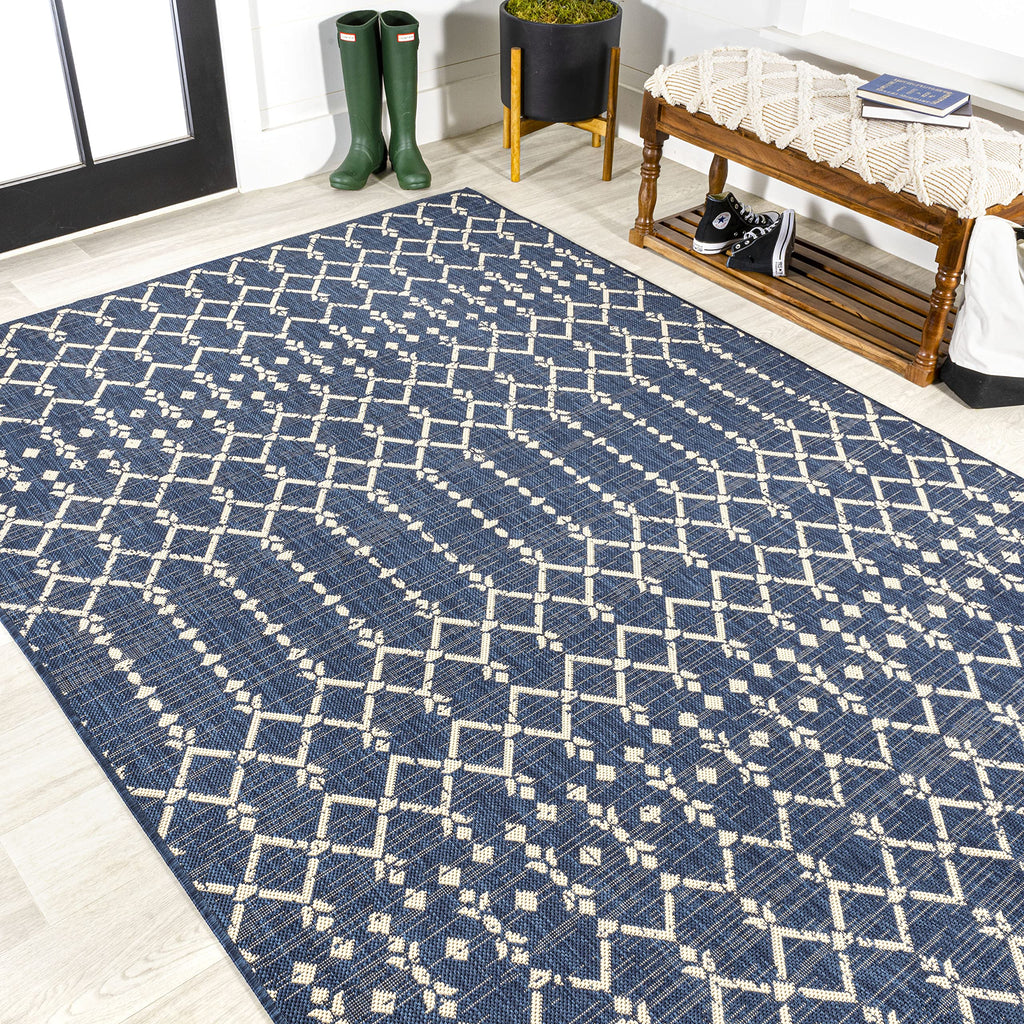 Jonathan Y Smb108K-4 Ourika Moroccan Geometric Textured Weave Indoor Outdoor Area-Rug, Bohemian Coastal Traditional Easy-Cleaning,Bedroom,Kitchen,Backyard,Patio,Non Shedding, 4 X 6, Navy/Beige