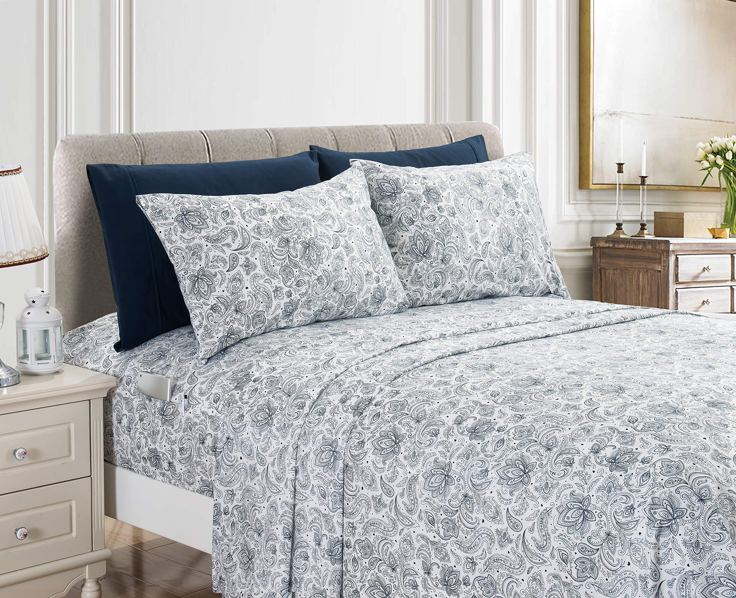 Elegant Comfort Amelia Paisley Printed 4-Piece Sheet Set, Deep Pocket 1500 Thread Count, Fade, Stain, And Wrinkle Resistant, Fit