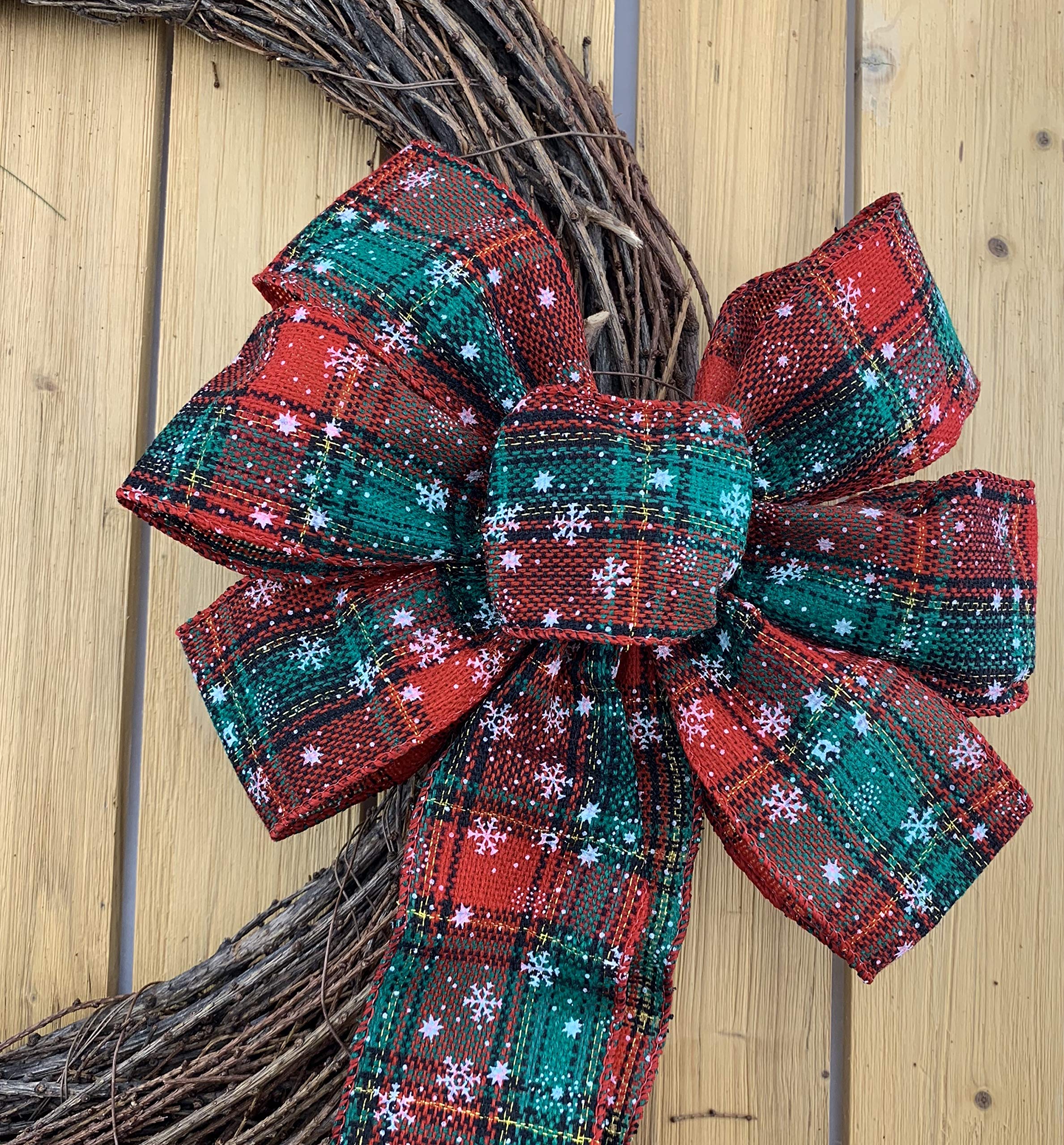 Snowflake Plaid Christmas Wreath Bow - 10' Wide, 18' Long Pre-Tied Bow, Door Decoration, Gift Basket, Swag, Garland, Fall Deco