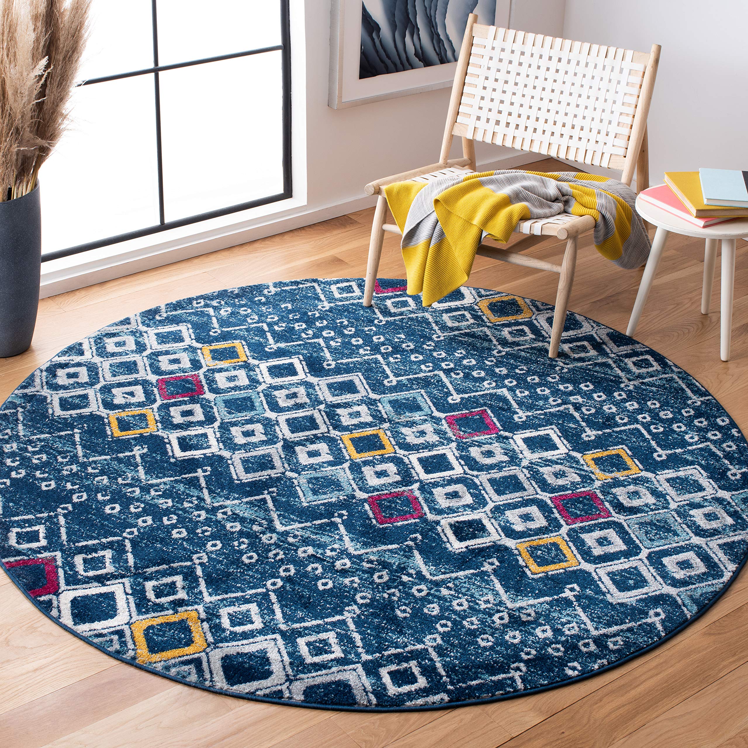 SAFAVIEH Amsterdam Collection 3 Round Navy/Turquoise AMS108M Moroccan Boho Non-Shedding Living Room Dining Bedroom Foyer Area R