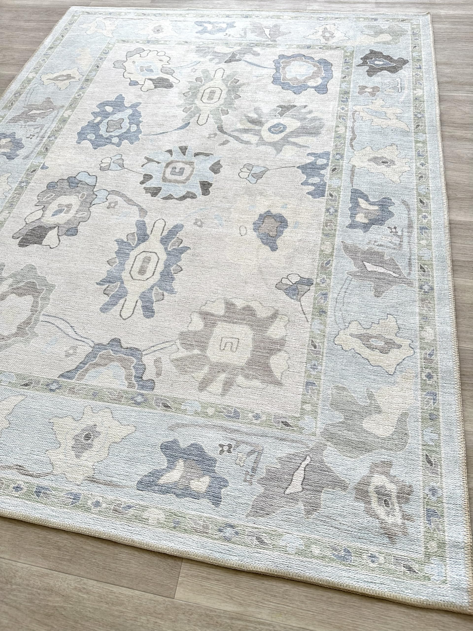 Cream Blue Oushak Rug, Modern, Vintage, Turkish, Eclectic, Floral, Pastel, Washable, Area Rugs for Living Room, Dining, Bedroom,