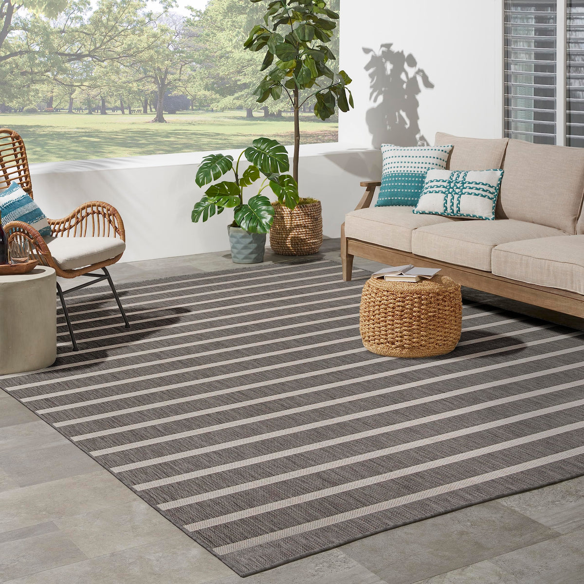 Nourison Positano Indoor/Outdoor Charcoal Ivory 8' X 10' Area Rug, Easy Cleaning, Non Shedding, Bed Room, Living Room, Dining Ro