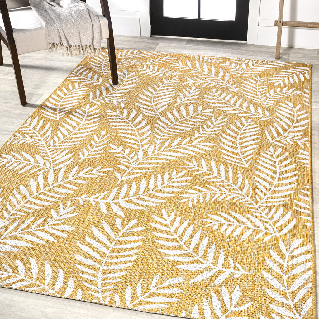 Jonathan Y Smb119C-4 Nevis Palm Frond Indoor Outdoor Area-Rug, Coastal Casual Country & Floral Easy-Cleaning,Bedroom,Kitchen,Backyard,Patio,Non Shedding, 4 X 6, Yellow/Cream