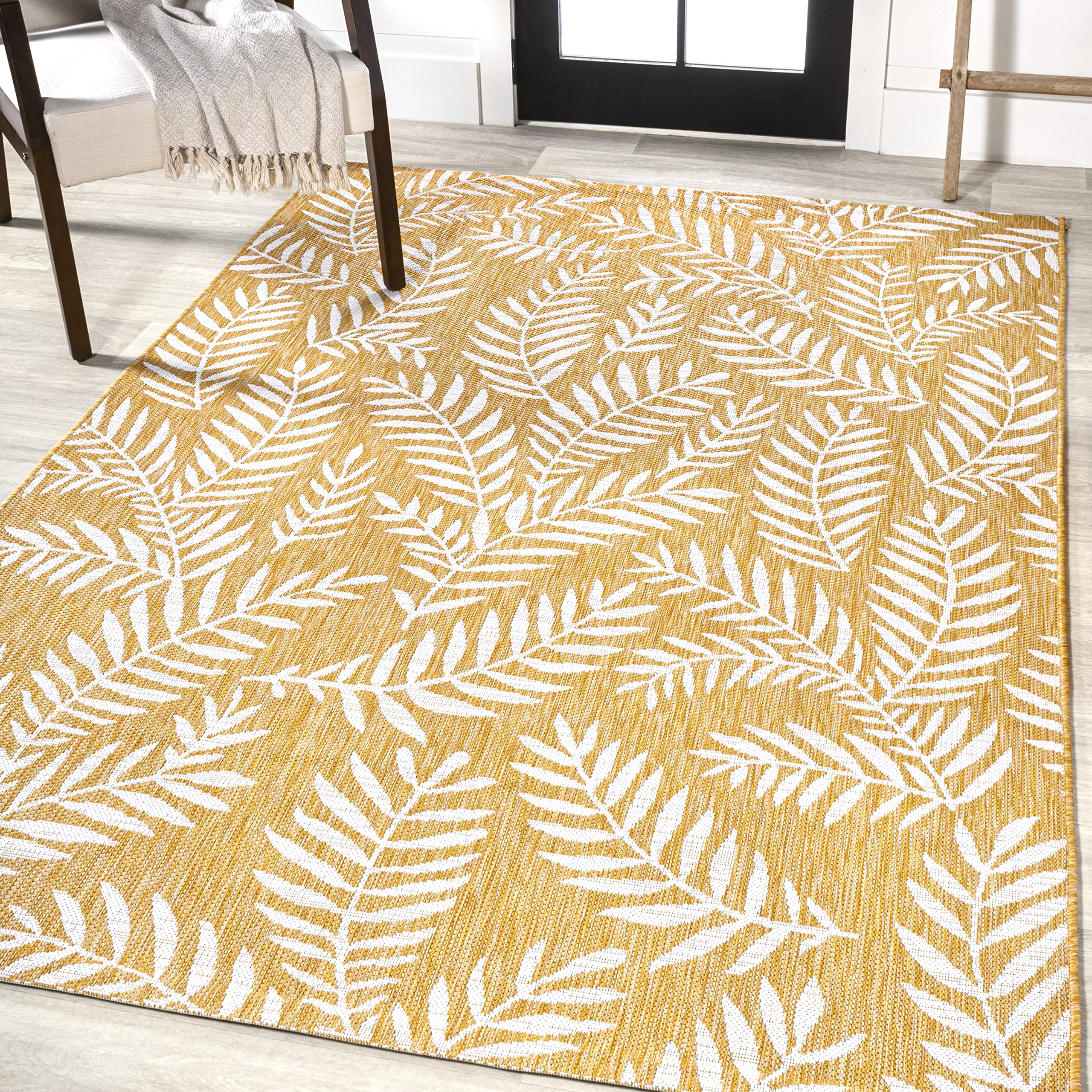 Jonathan Y Smb119C-4 Nevis Palm Frond Indoor Outdoor Area-Rug, Coastal Casual Country & Floral Easy-Cleaning,Bedroom,Kitchen,Backyard,Patio,Non Shedding, 4 X 6, Yellow/Cream