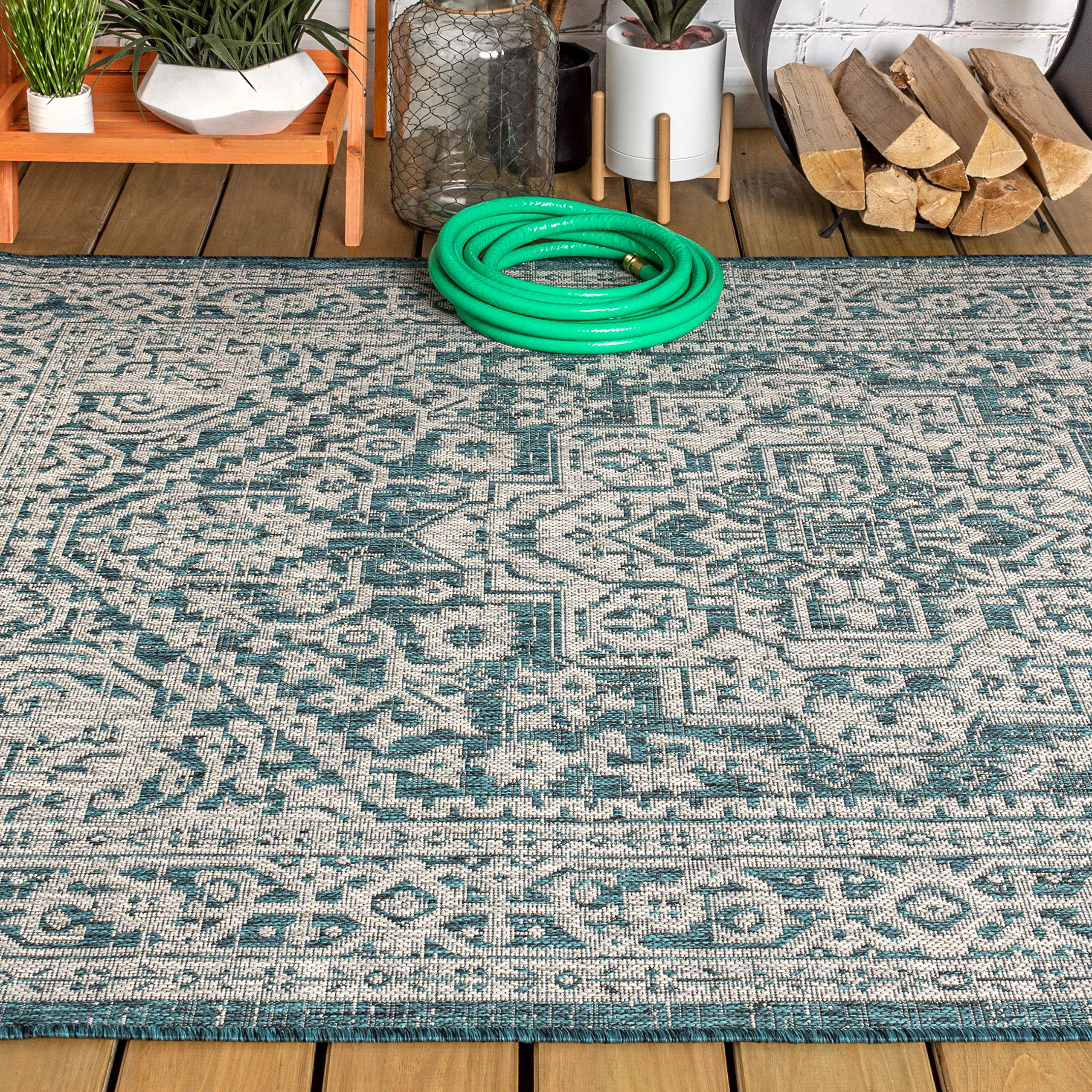 Jonathan Y Smb101C-3 Sinjuri Medallion Textured Weave Indoor/Outdoor Teal Blue/Gray 3 Ft. X 5 Ft. Area-Rug, Coastal,Easy-Cleaning,Hightraffic,Livingroom,Backyard, Non Shedding