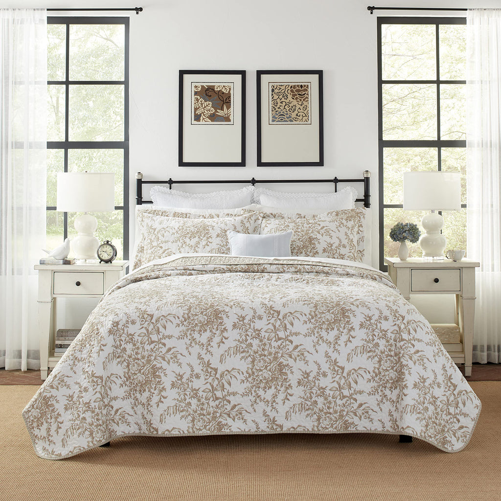 Laura Ashley - Twin Quilt Set, Reversible Cotton Bedding With Matching Sham, Home Decor For All Seasons (Bedford Mocha, Twin)