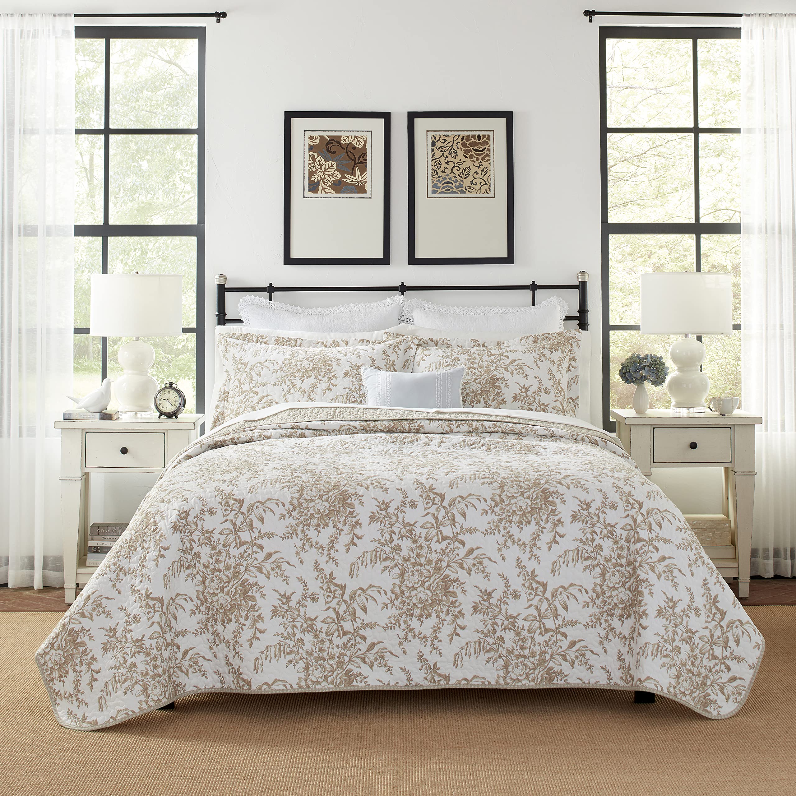 Laura Ashley - Queen Quilt Set, Reversible Cotton Bedding With Matching Shams, Home Decor For All Seasons (Bedford Mocha, Queen)