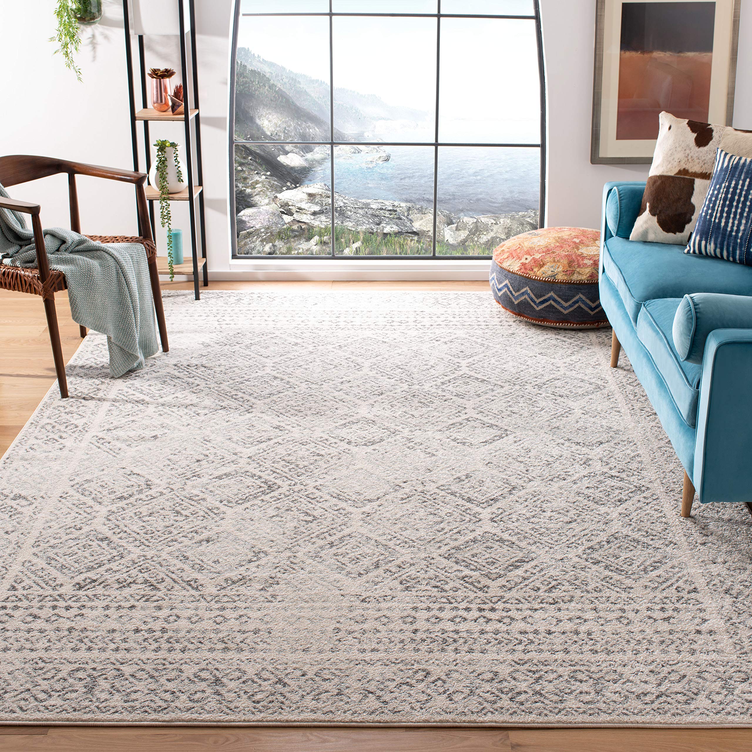 SAFAVIEH Tulum Collection Area Rug - 5 Square, Ivory & Grey, Moroccan Boho Distressed Design, Non-Shedding & Easy Care, Ideal f