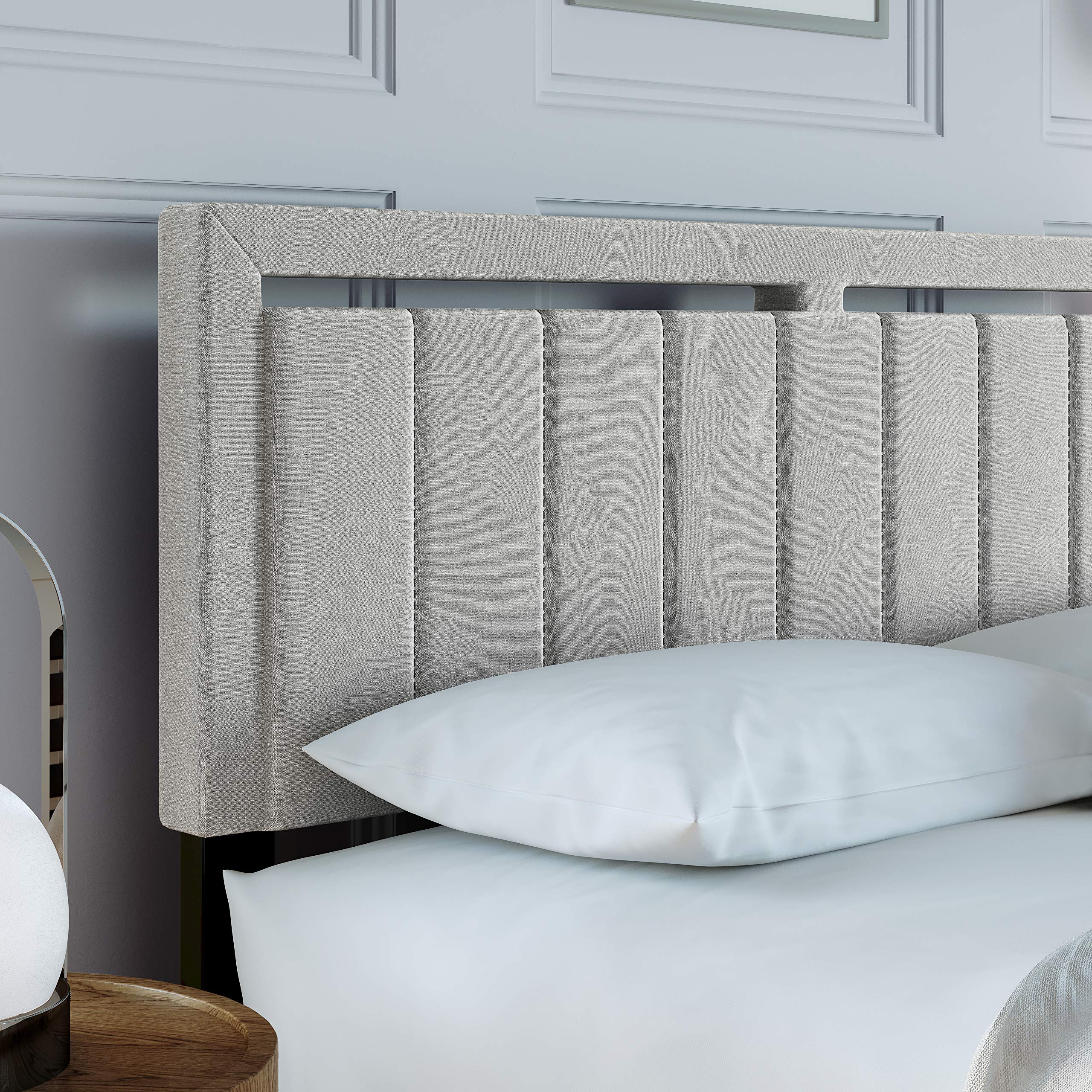 Boyd Sleep Beaumont Upholstered Platform Bed with Headboard, Mattress Foundation with Strong 14 Wood Slat Supports, No Box Spring Required, White Linen, Size King