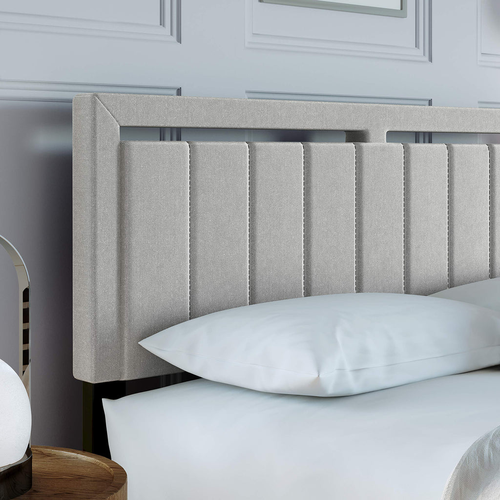 Boyd Sleep Beaumont Upholstered Platform Bed with Headboard, Mattress Foundation with Strong 14 Wood Slat Supports, No Box Spring Required, White Linen, Size King