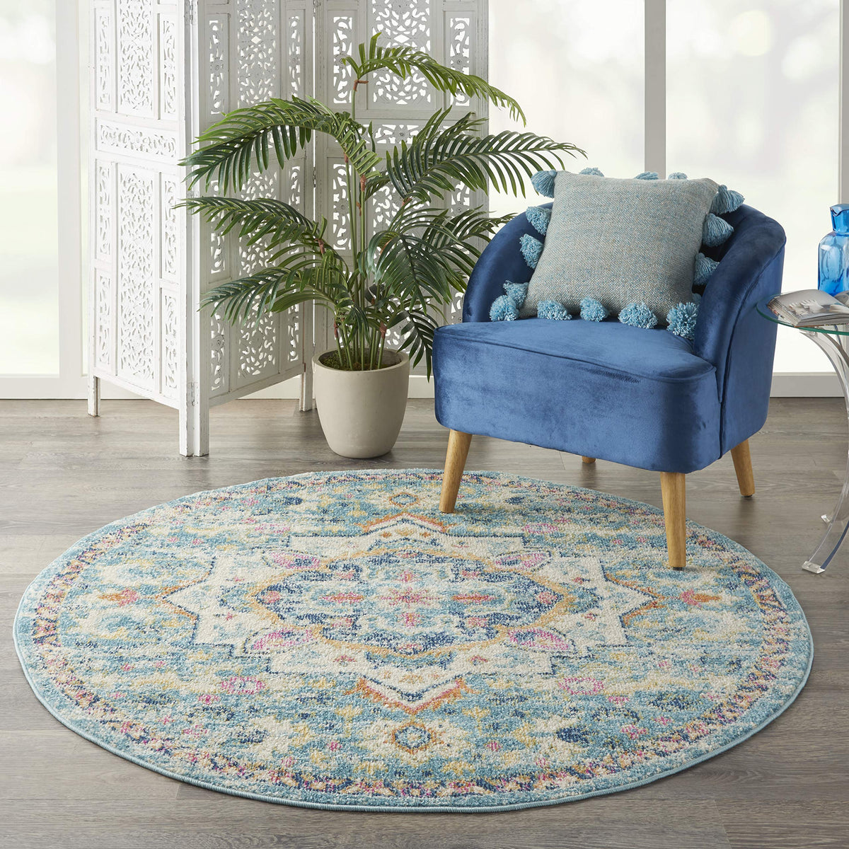 Nourison Passion Ivory/Light Blue 4' X Round Area Rug, Boho, Moroccan, Bed Room, Living Room, Dining Room, Kitchen, Easy Cleanin
