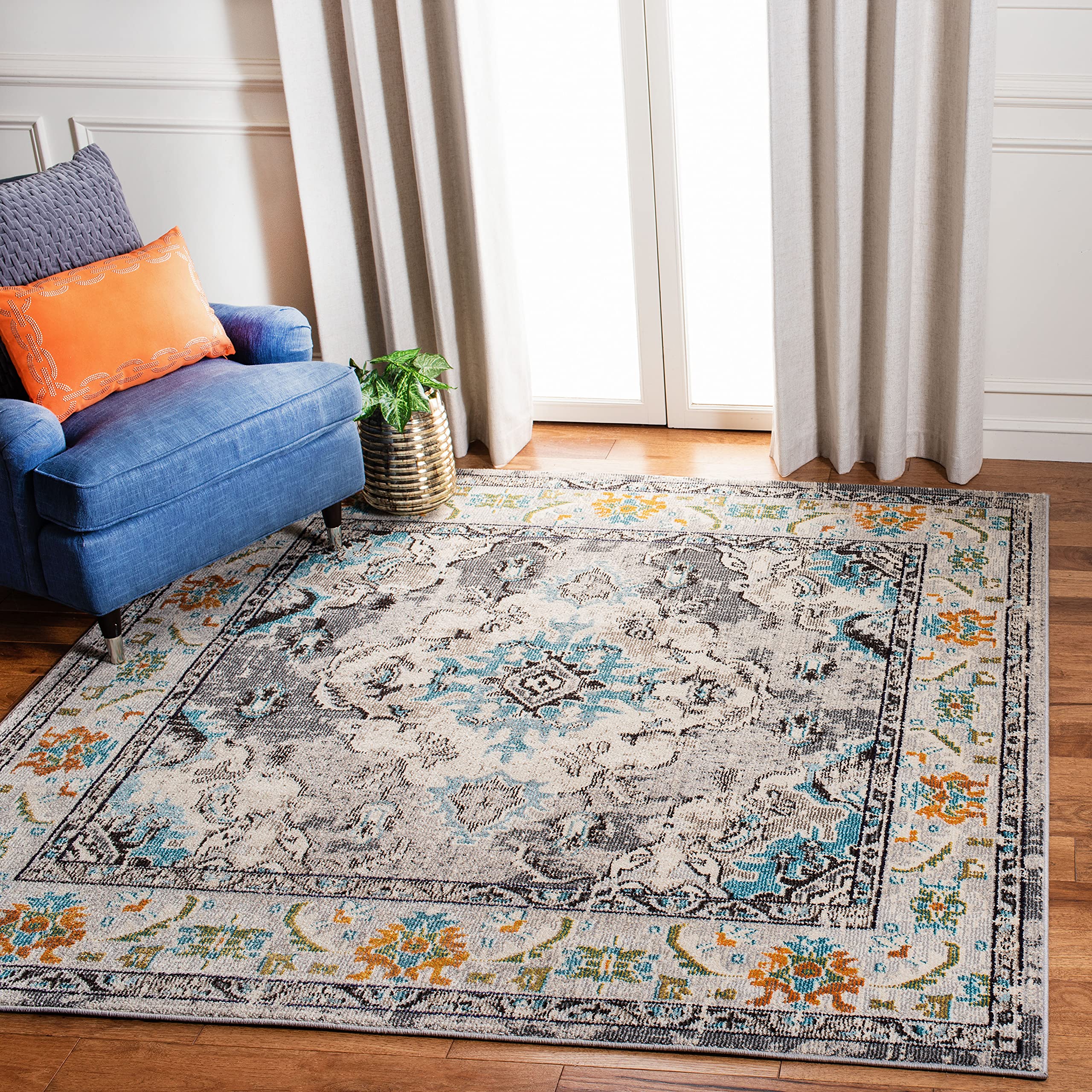 SAFAVIEH Monaco Collection 9 Square Grey/Light Blue MNC243G Boho Chic Medallion Distressed Non-Shedding Living Room Bedroom Din