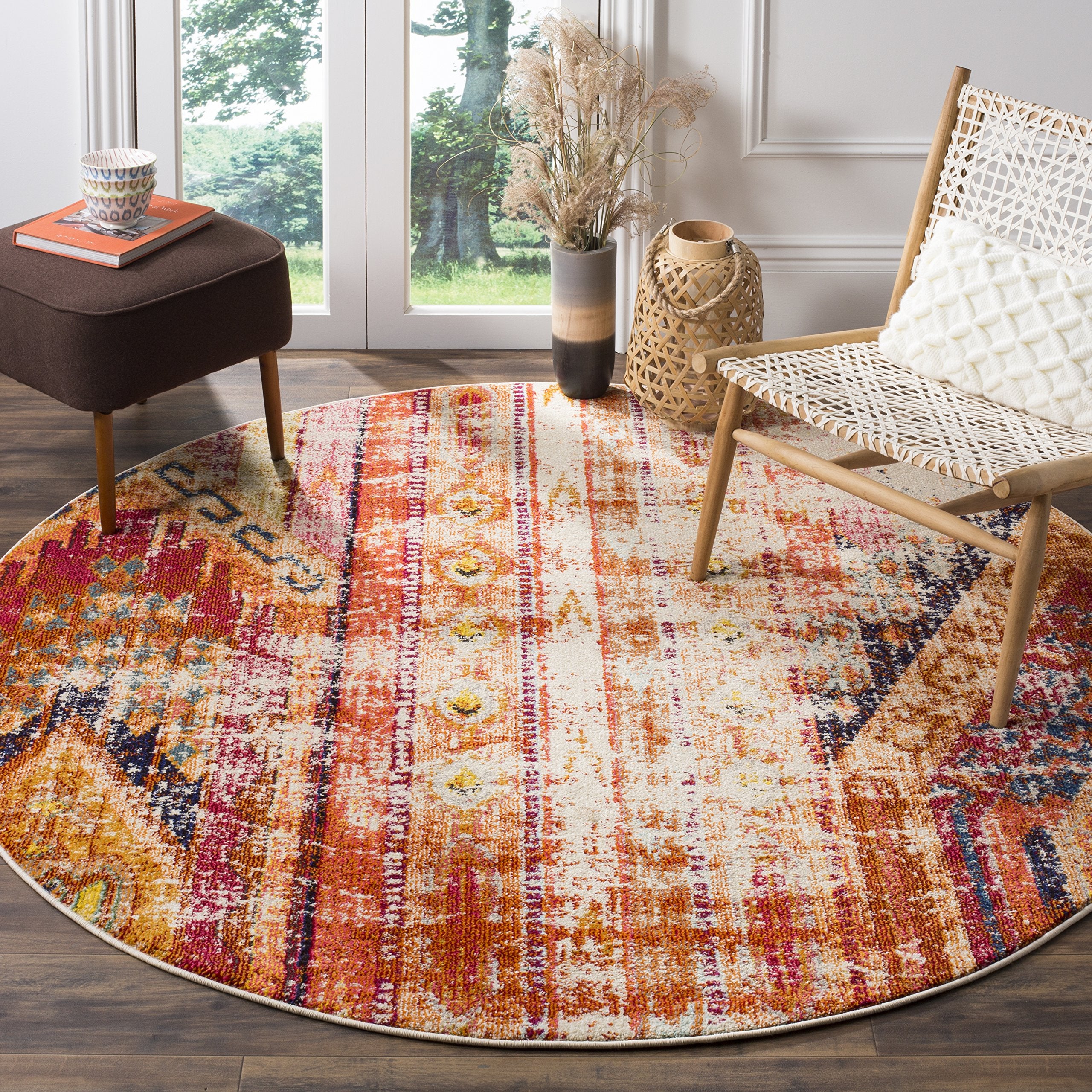 SAFAVIEH Monaco Collection 67 Round Orange / Multi MNC222H Boho Chic Tribal Distressed Non-Shedding Dining Room Entryway Foyer 