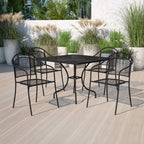 Flash Furniture Oia 5-Piece Commercial Grade Steel Patio Table And Chairs Set, Outdoor Dining Set With Square Table And 4 Round Back Chairs, Black