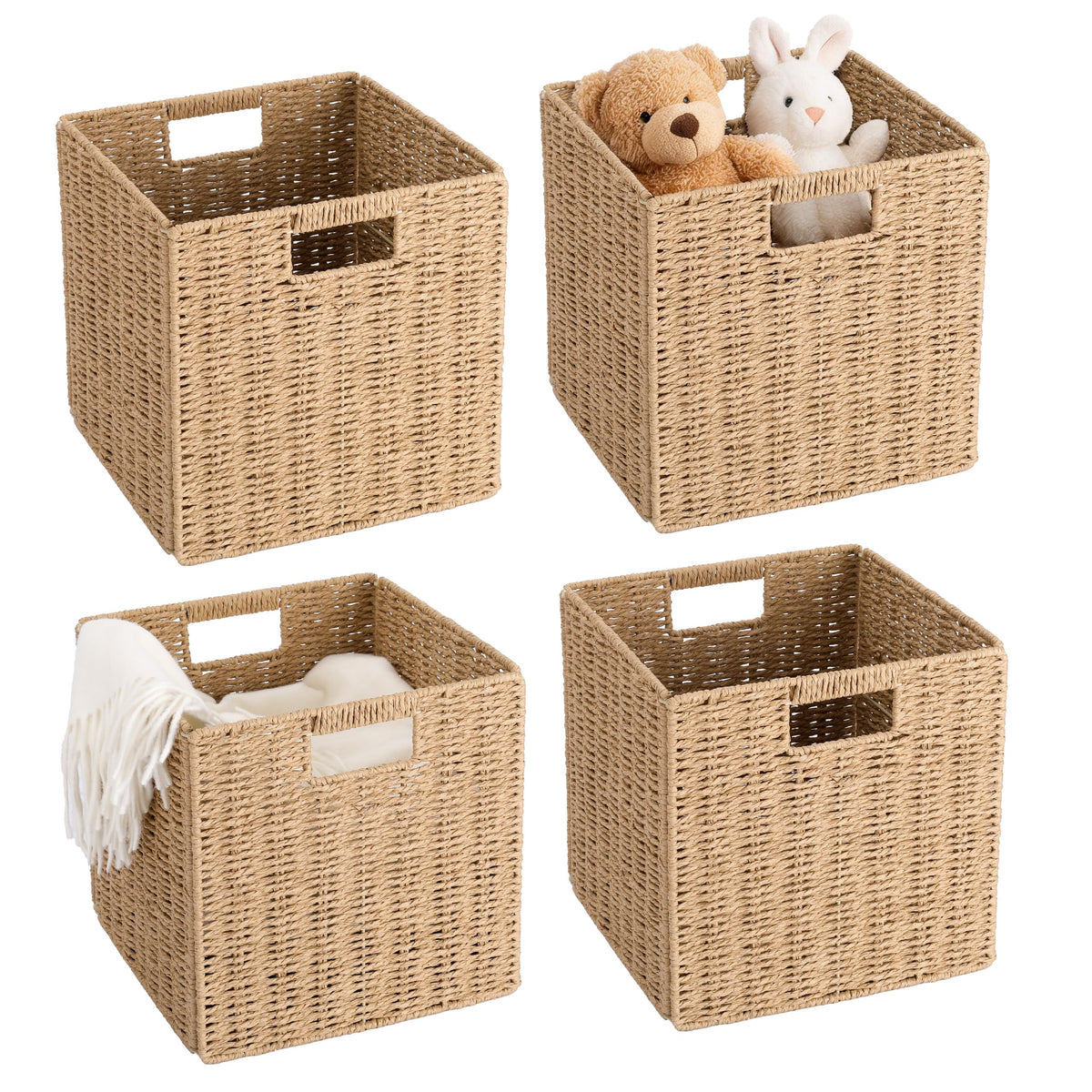 11 inch Cube Storage Bins, Wicker Storage Baskets for Organizing Foldable, 11x11x11inch Square Handwoven Cubby Organizer Bins, L