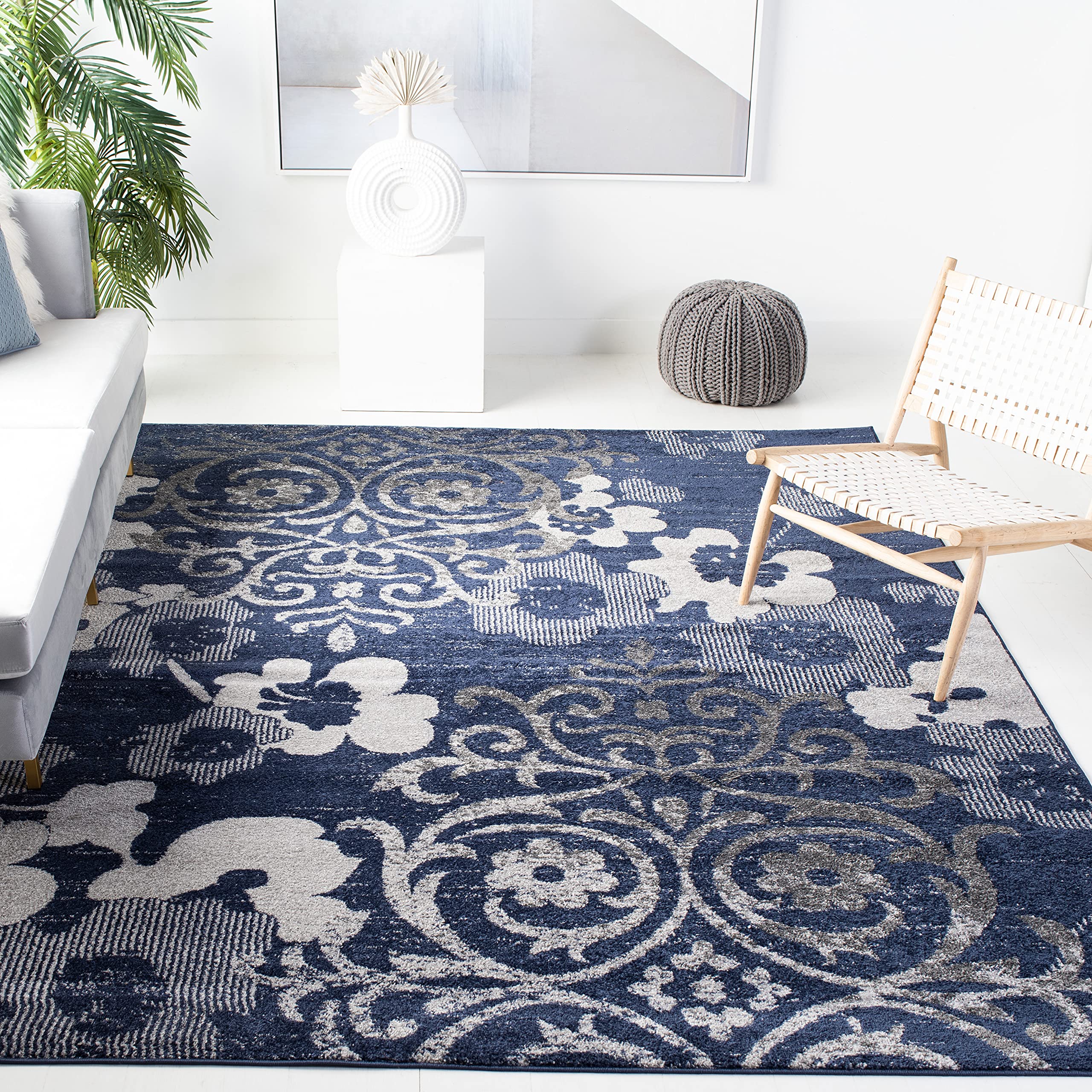 SAFAVIEH Adirondack Collection Area Rug - 9 x 12, Navy & Silver, Floral Glam Damask Distressed Design, Non-Shedding & Easy Car