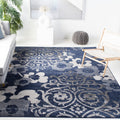 SAFAVIEH Adirondack Collection Area Rug - 8 x 10, Navy & Silver, Floral Glam Damask Distressed Design, Non-Shedding & Easy Car