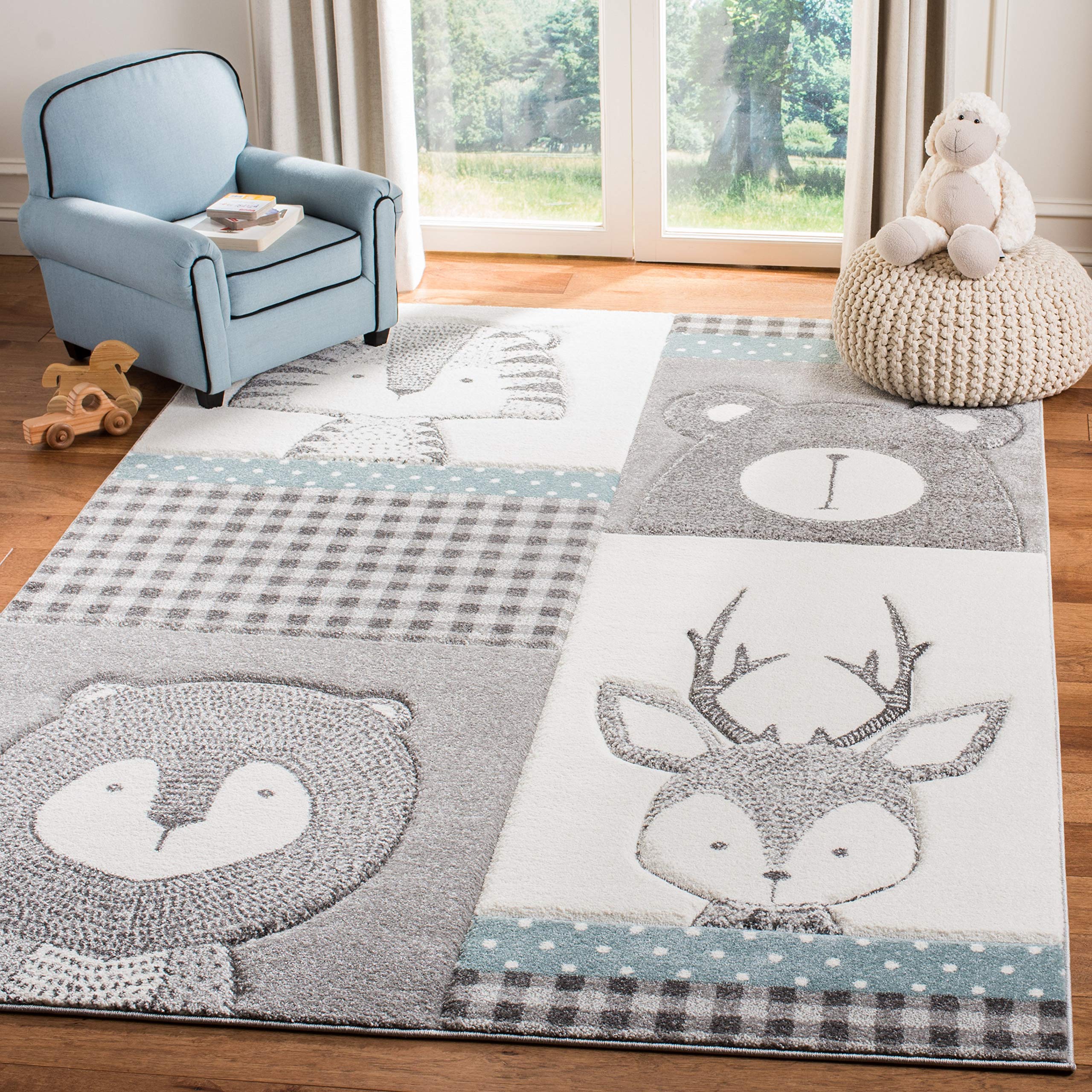 SAFAVIEH Carousel Kids Collection 53 Square Grey/Ivory CRK188B Animal Nursery Playroom Area Rug