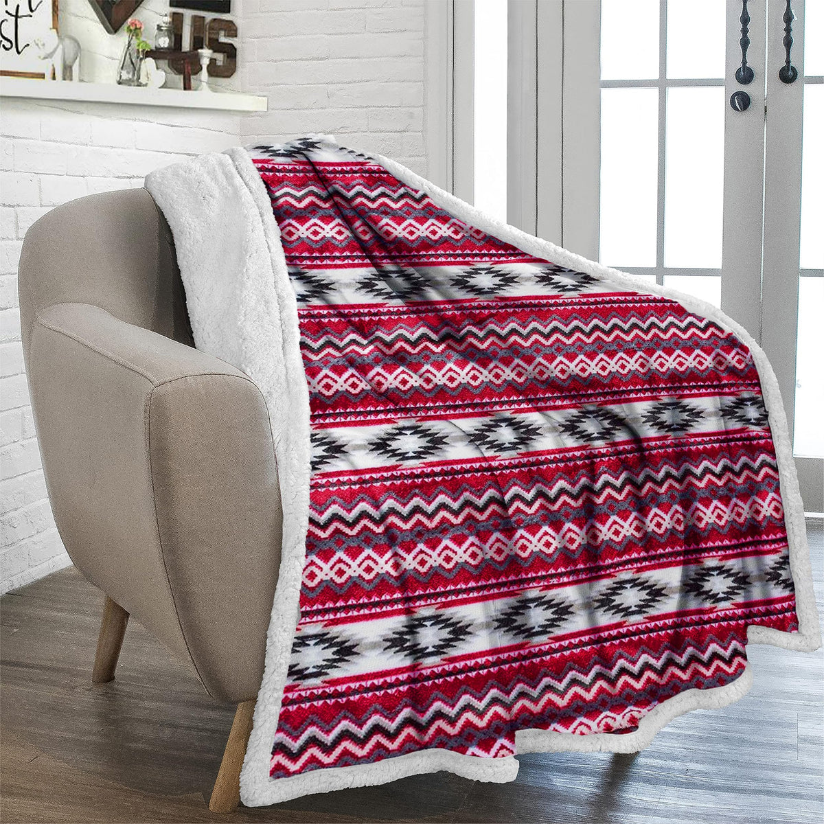Trailcrest Sherpa Fleece Twin Size Throw Blanket, Cozy Plush Adult Aztec Blanket For Men & Women Reversible With Aztec Prints We