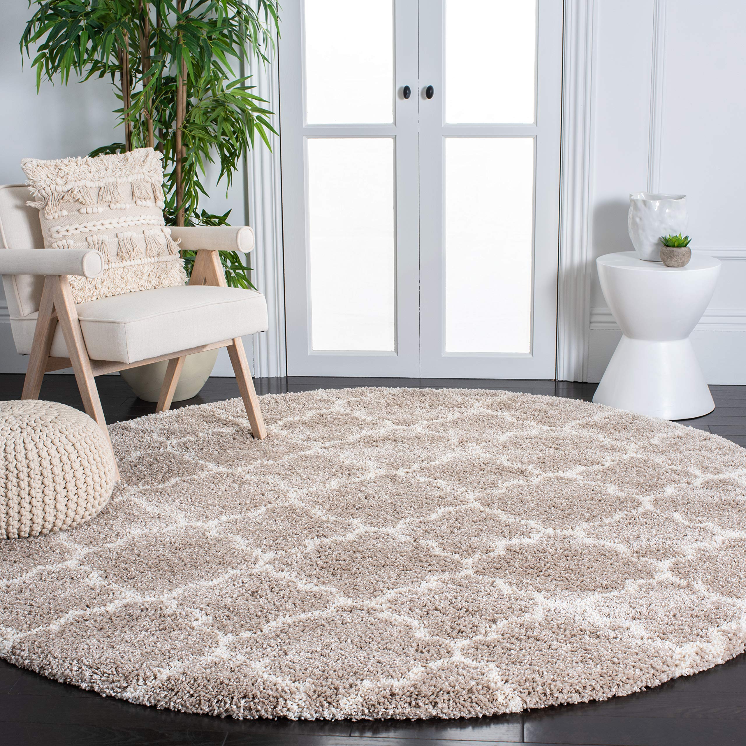 Safavieh Hudson Shag Collection 7 Round Beige/Ivory SGH282F Moroccan Trellis Non-Shedding Living Room Bedroom 2-inch Thick Area