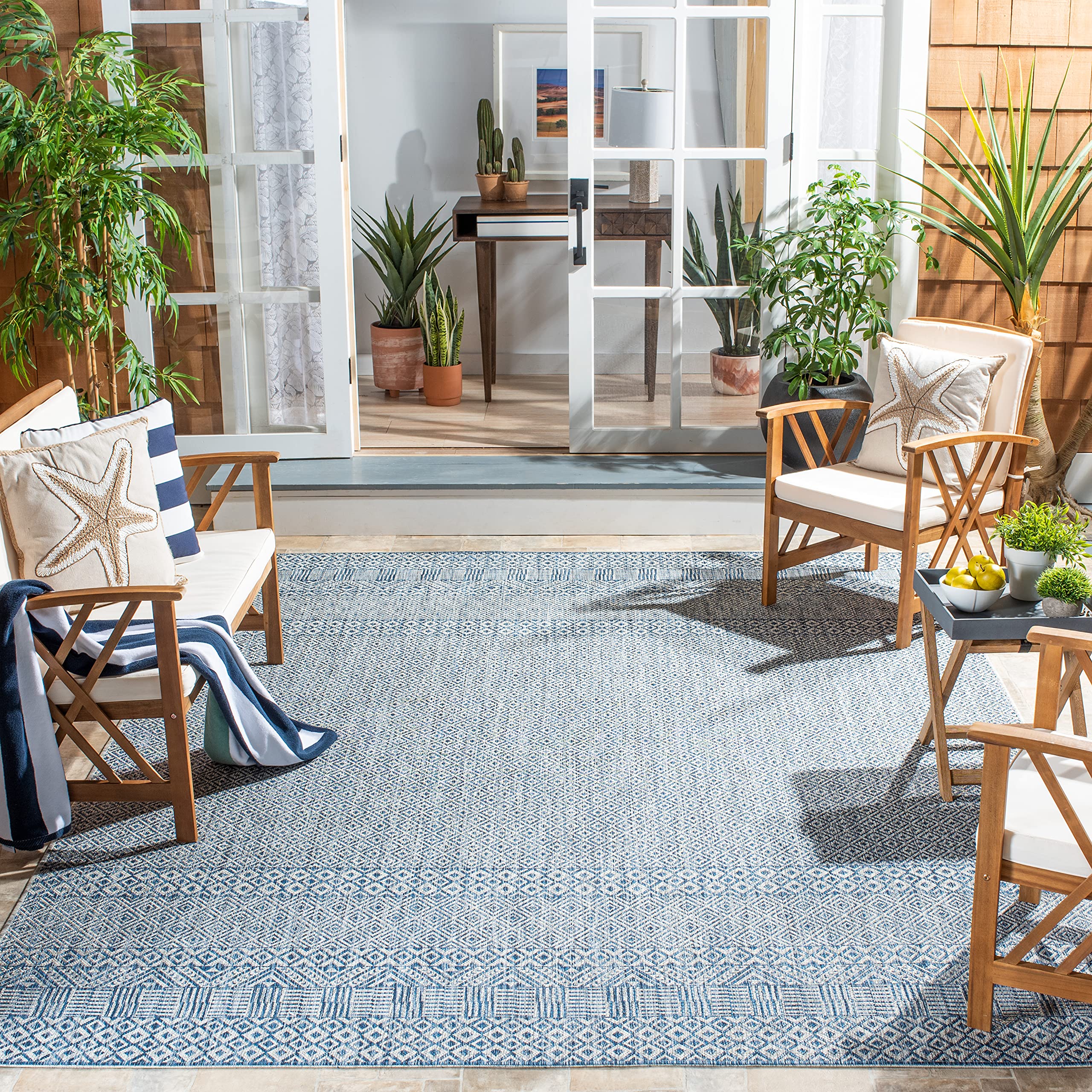Safavieh Courtyard Collection 7'1' Square Grey/Blue Cy8235 Indoor/ Outside Waterproof Easy Cleansingpatio Backyard Mudroom Area