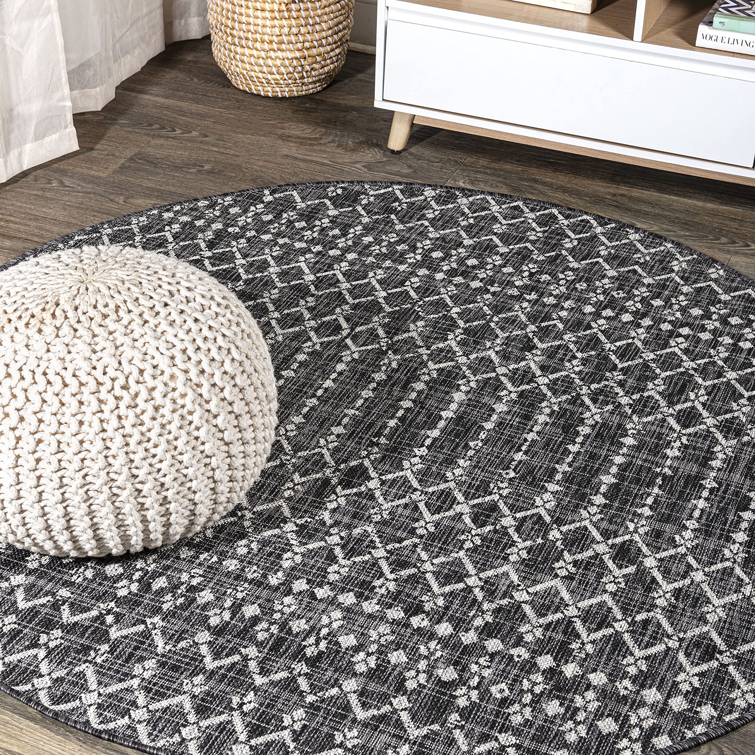 Jonathan Y Smb108F-3R Ourika Moroccan Geometric Textured Weave Black/Gray 3' Round Indoor/Outdoor Area Rug, Pet Friendly, Non-Sh