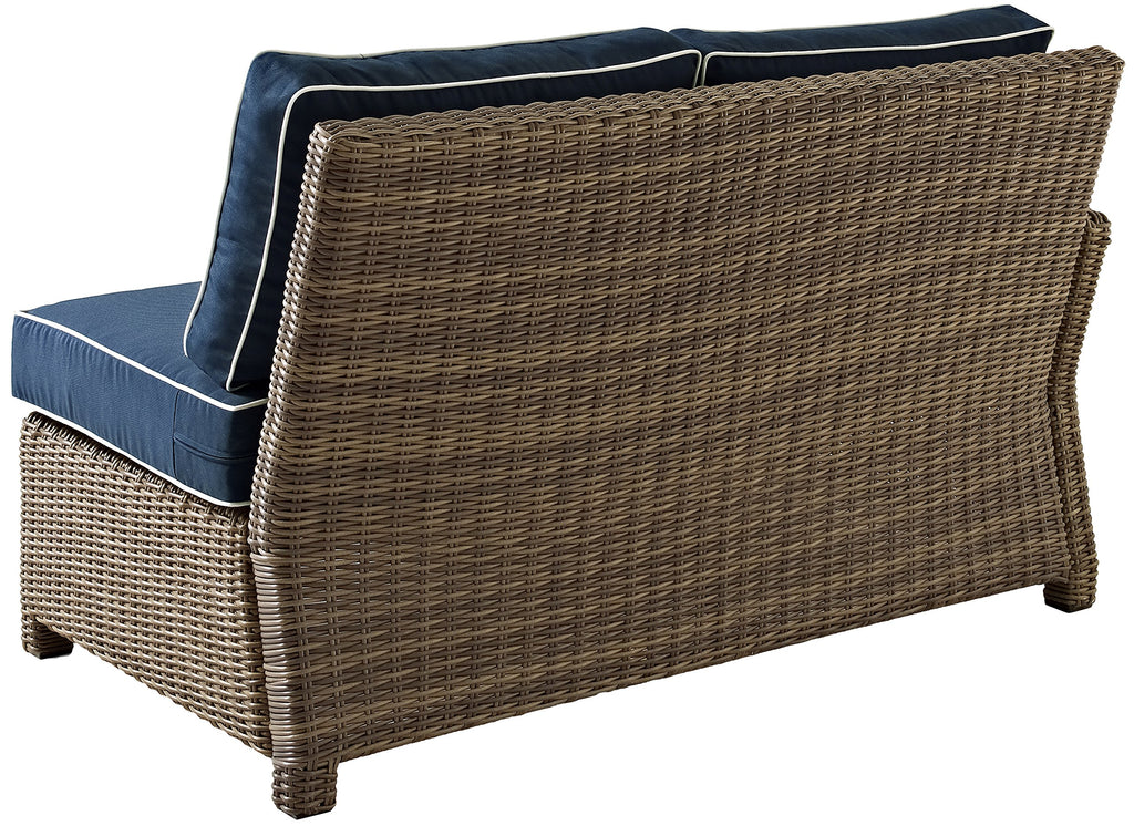 Crosley Furniture Bradenton Outdoor Sectional Left Side Loveseat, 2-Person Wicker Patio Couch for Deck, Brown with Navy Cushions