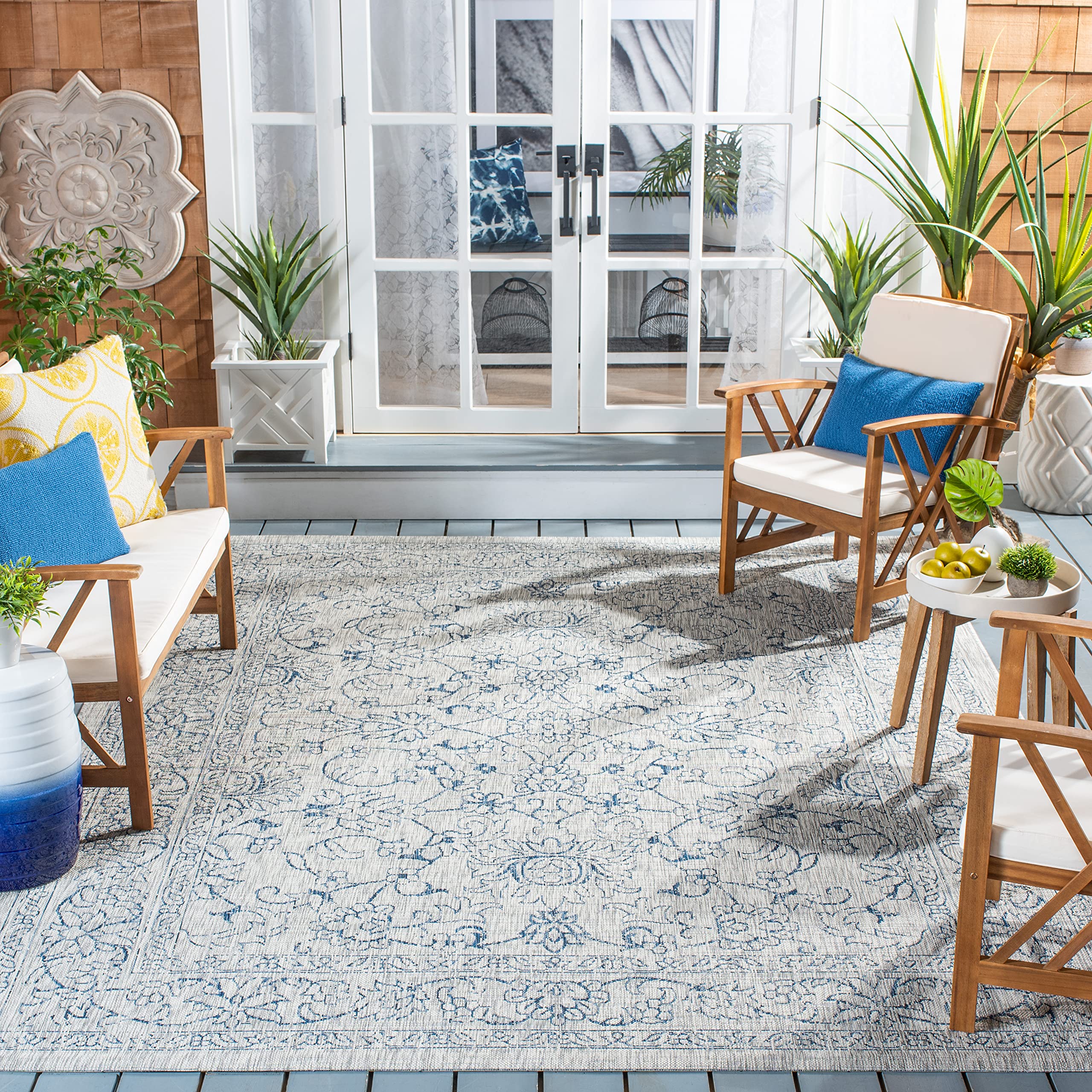 Safavieh Courtyard Collection Area Rug - 9' X 12', Grey & Navy, Non-Shedding & Easy Care, Indoor/Outdoor & Washable-Ideal For Patio, Backyard, Mudroom (Cy8680-36812)