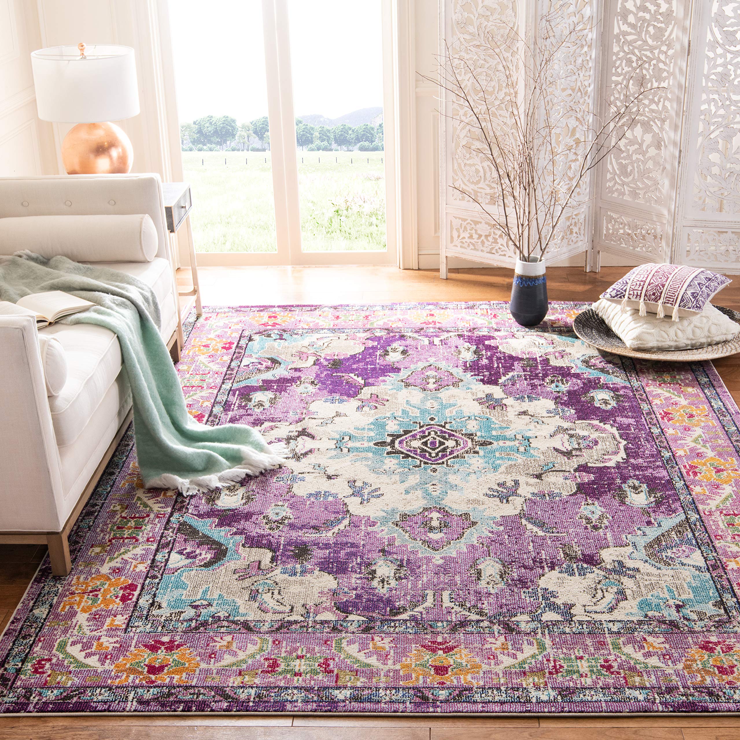 SAFAVIEH Monaco Collection Area Rug - 8 x 10, Violet & Light Blue, Boho Chic Medallion Distressed Design, Non-Shedding & Easy 