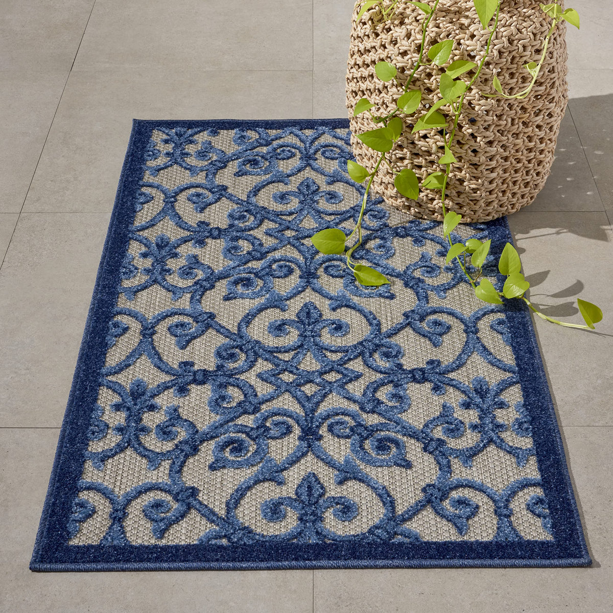 Nourison Aloha Indoor/Outdoor Grey/Blue 2'8' X 4' Area Rug, Transitional, French Country, Easy Cleaning, Non Shedding, Bed Room