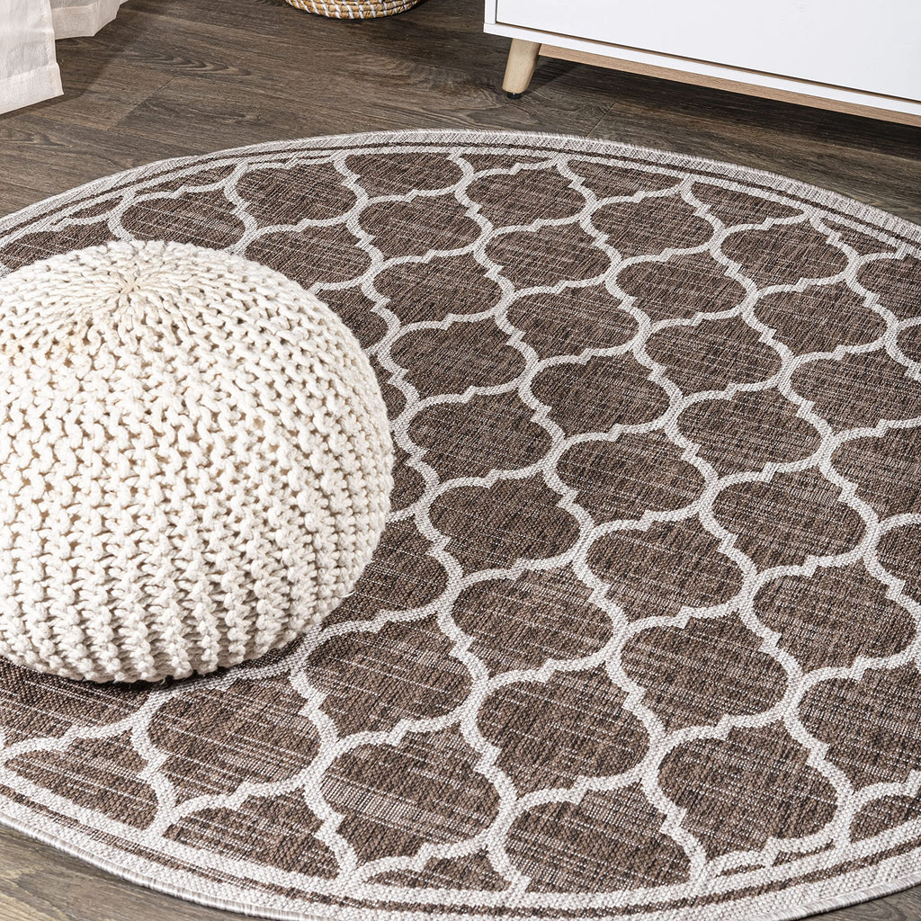 Jonathan Y Smb109B-9R Trebol Moroccan Trellis Textured Weave Indoor/Outdoor Area Rug, Modern, Bohemian, Contemporary For Bedroom, Kitchen, Living Room, Easy-Cleaning, Espresso/Taupe, 9' Round