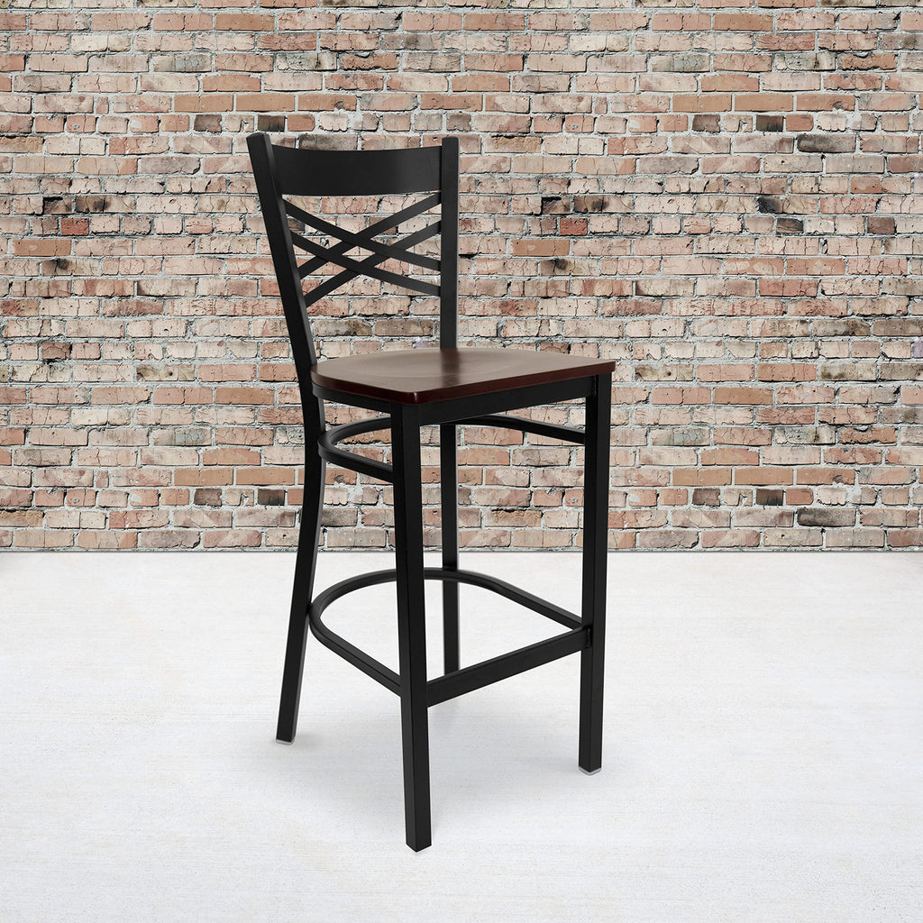 Flash Furniture HERCULES Series Black ''X'' Back Metal Restaurant Barstool - Mahogany Wood Seat