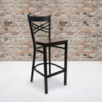 Flash Furniture HERCULES Series Black ''X'' Back Metal Restaurant Barstool - Mahogany Wood Seat