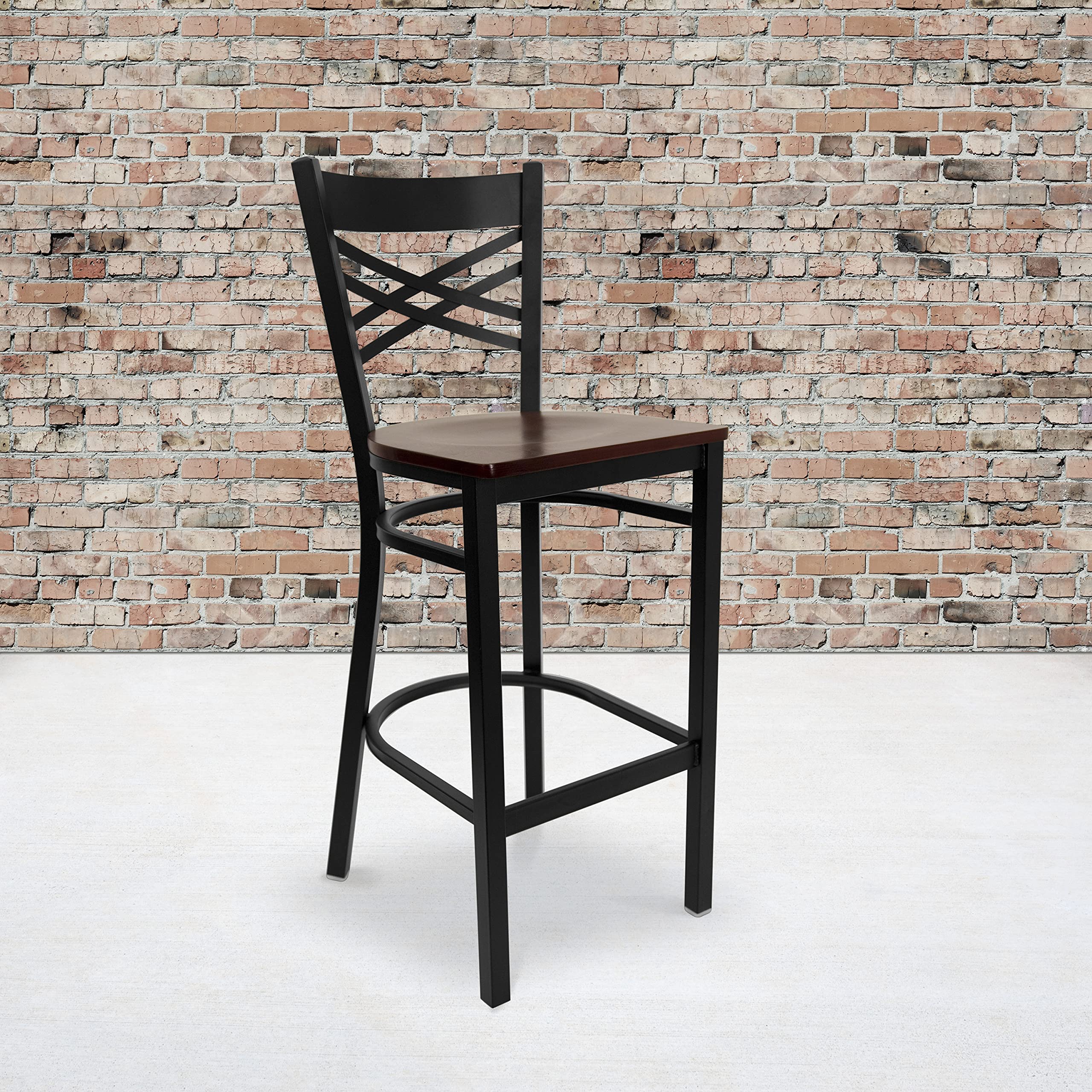 Flash Furniture HERCULES Series Black ''X'' Back Metal Restaurant Barstool - Mahogany Wood Seat