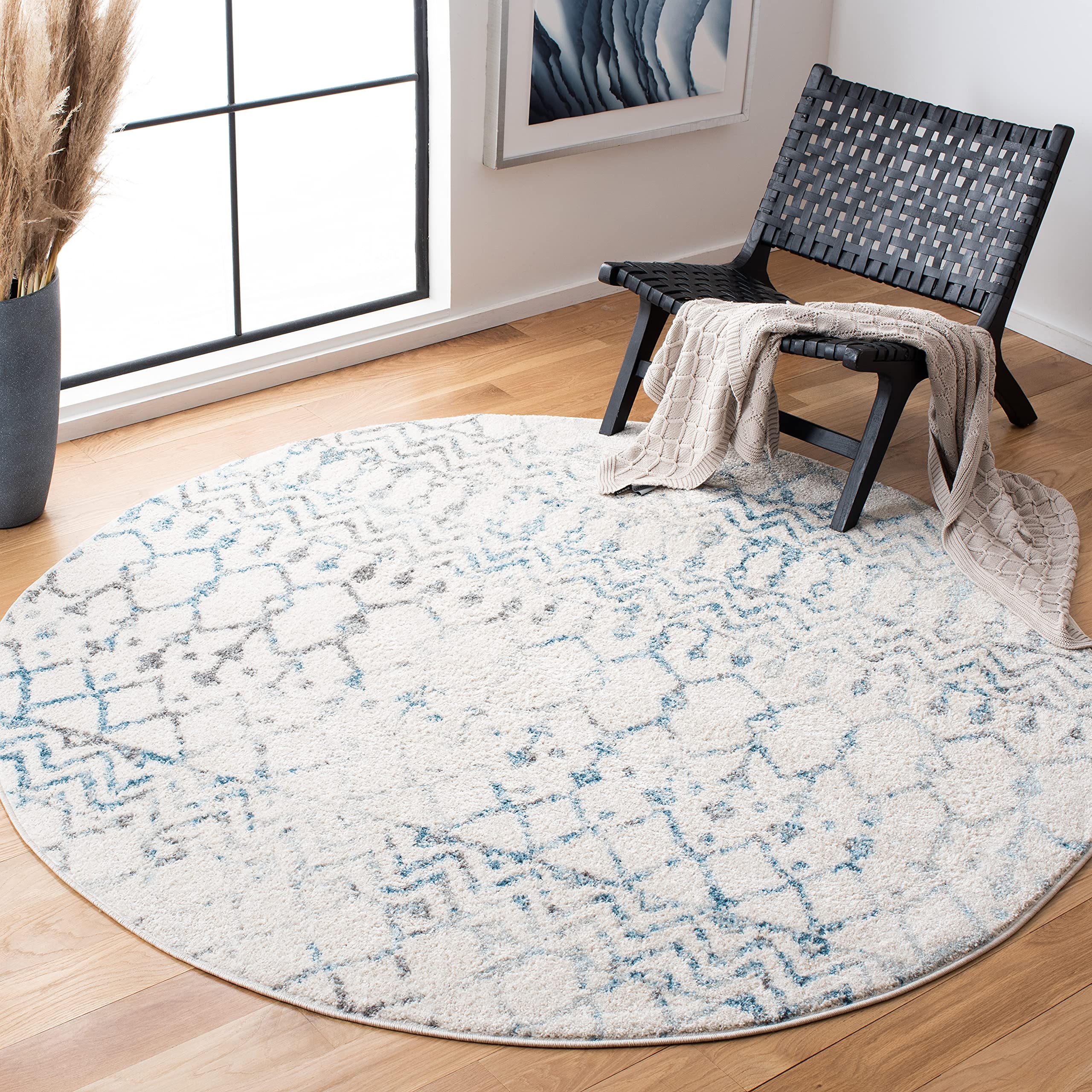 SAFAVIEH Tulum Collection 5 Round Ivory/Turquoise TUL270B Moroccan Boho Distressed Non-Shedding Area Rug