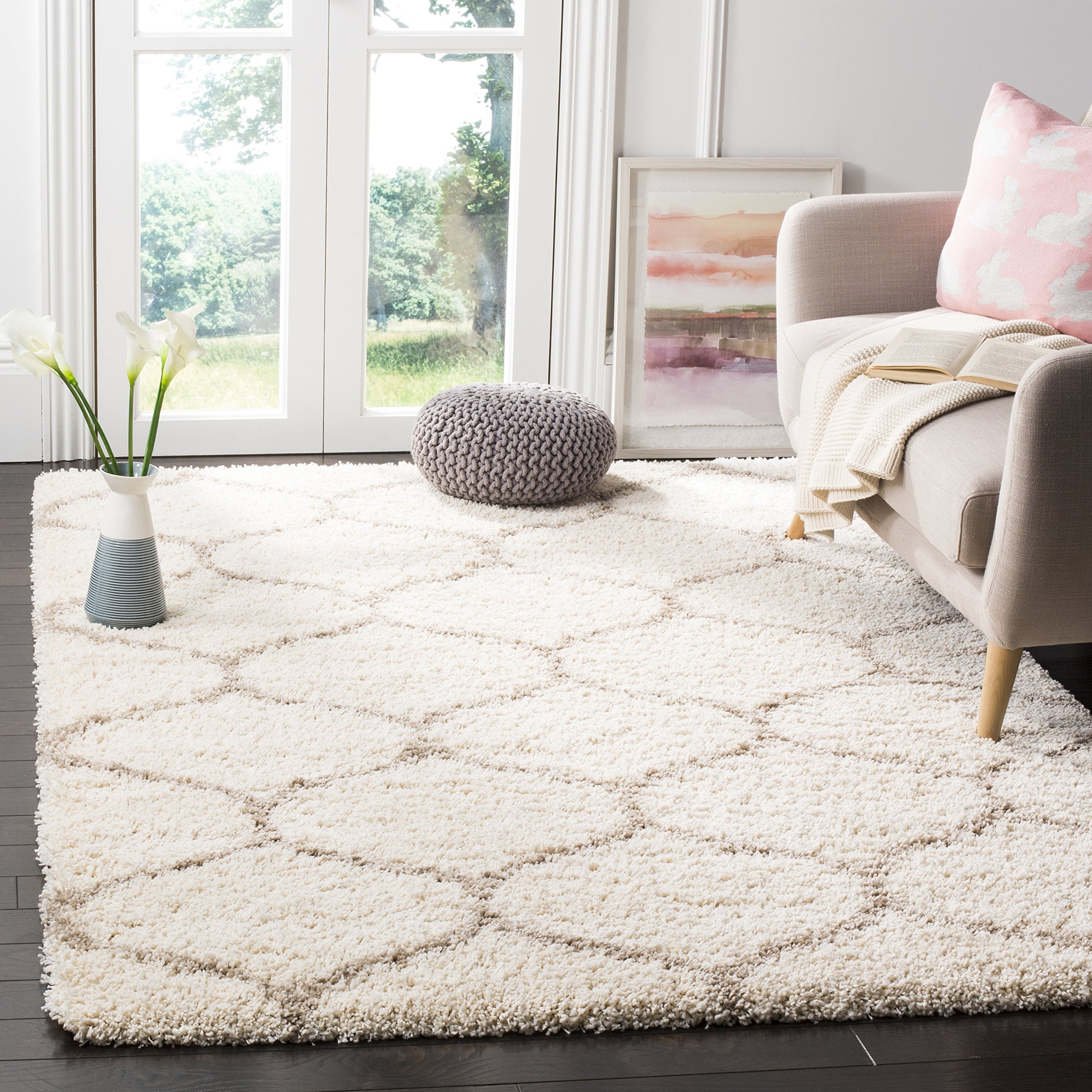 SAFAVIEH Hudson Shag Collection Area Rug - 10 x 14, Ivory & Beige, Moroccan Ogee Trellis Design, Non-Shedding & Easy Care, 2-i