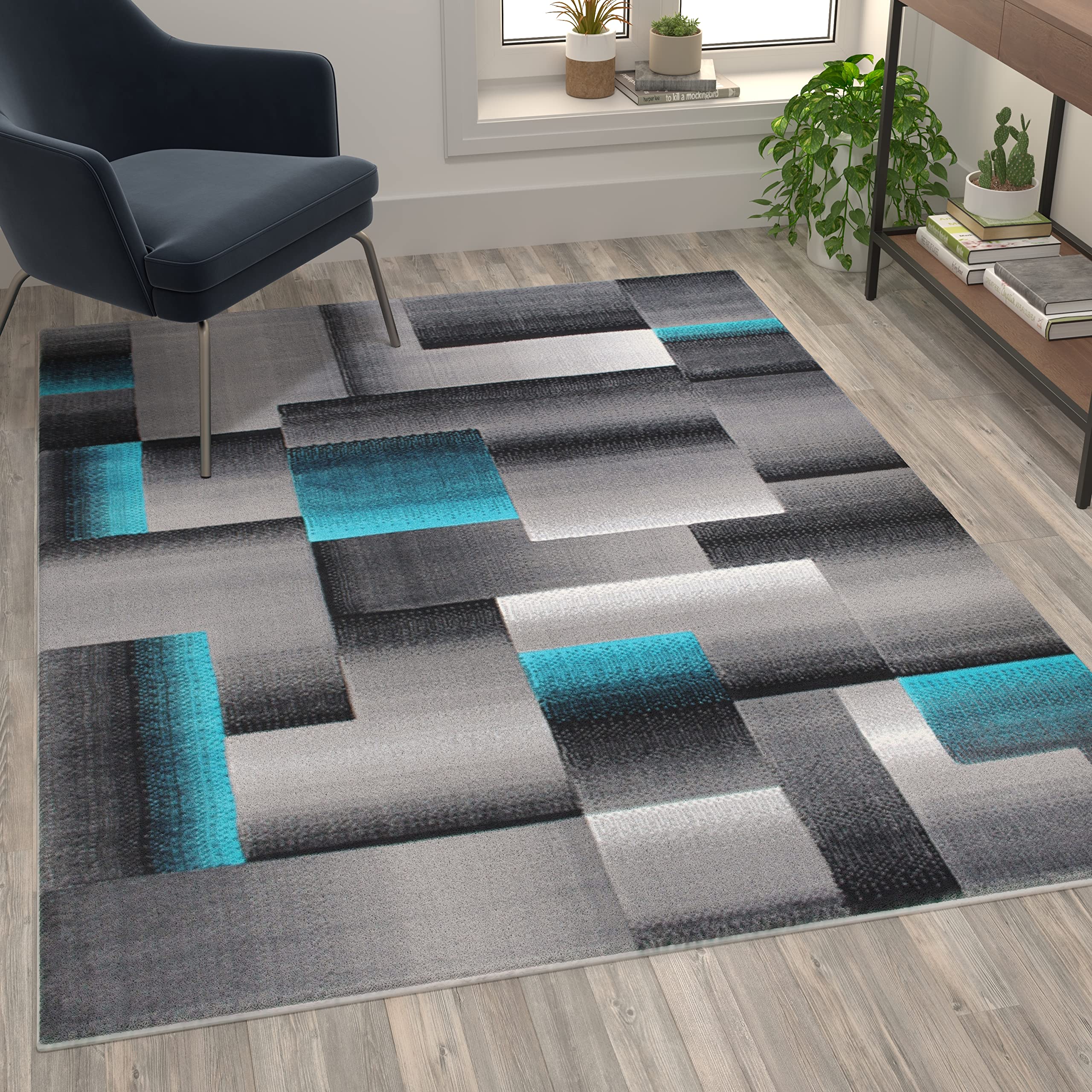 Flash Furniture Elio Collection Color Blocked Pattern Area Rug - High Pile Turquoise Olefin Rug - 5' X 7' Area Rug - Jute Backing - Hallway, Entryway, Bedroom