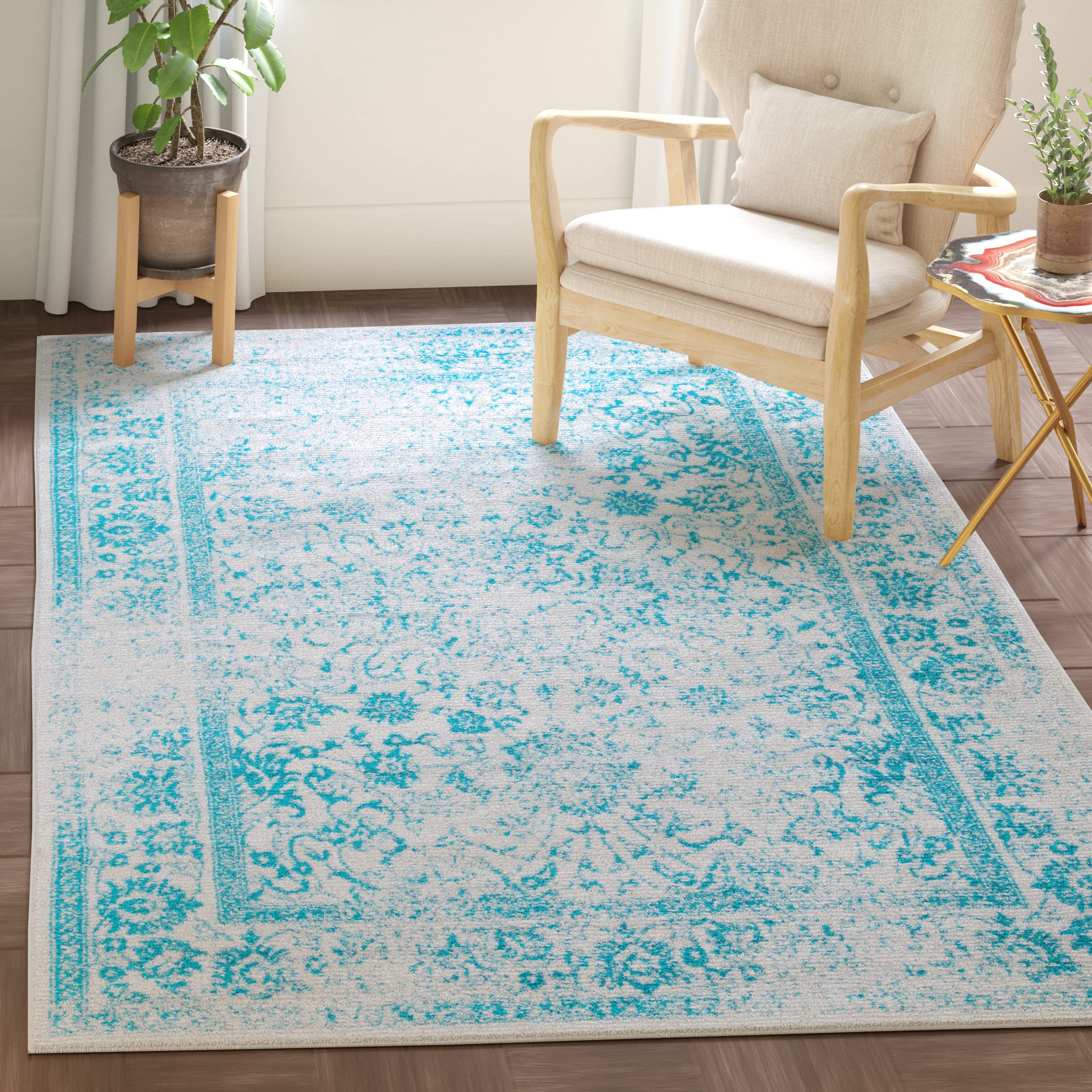 SAFAVIEH Adirondack Collection Accent Rug - 4 x 6, Ivory & Teal, Oriental Distressed Design, Non-Shedding & Easy Care, Ideal f