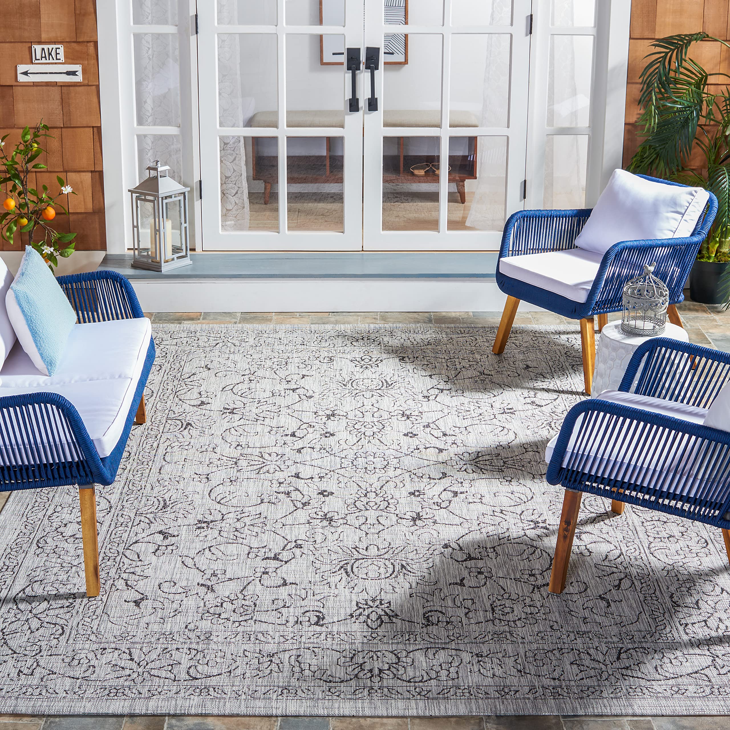 Safavieh Courtyard Collection 6'7' Square Grey/Black Cy8680 Indoor/ Outside Waterproof Easy Cleansingpatio Backyard Mudroom Are